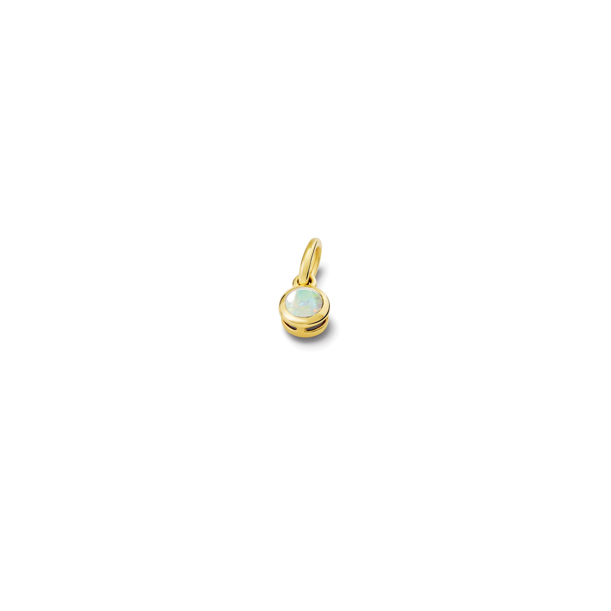 Handcrafted necklace pendant in yellow gold featuring a round opal drop, birthstone of October.