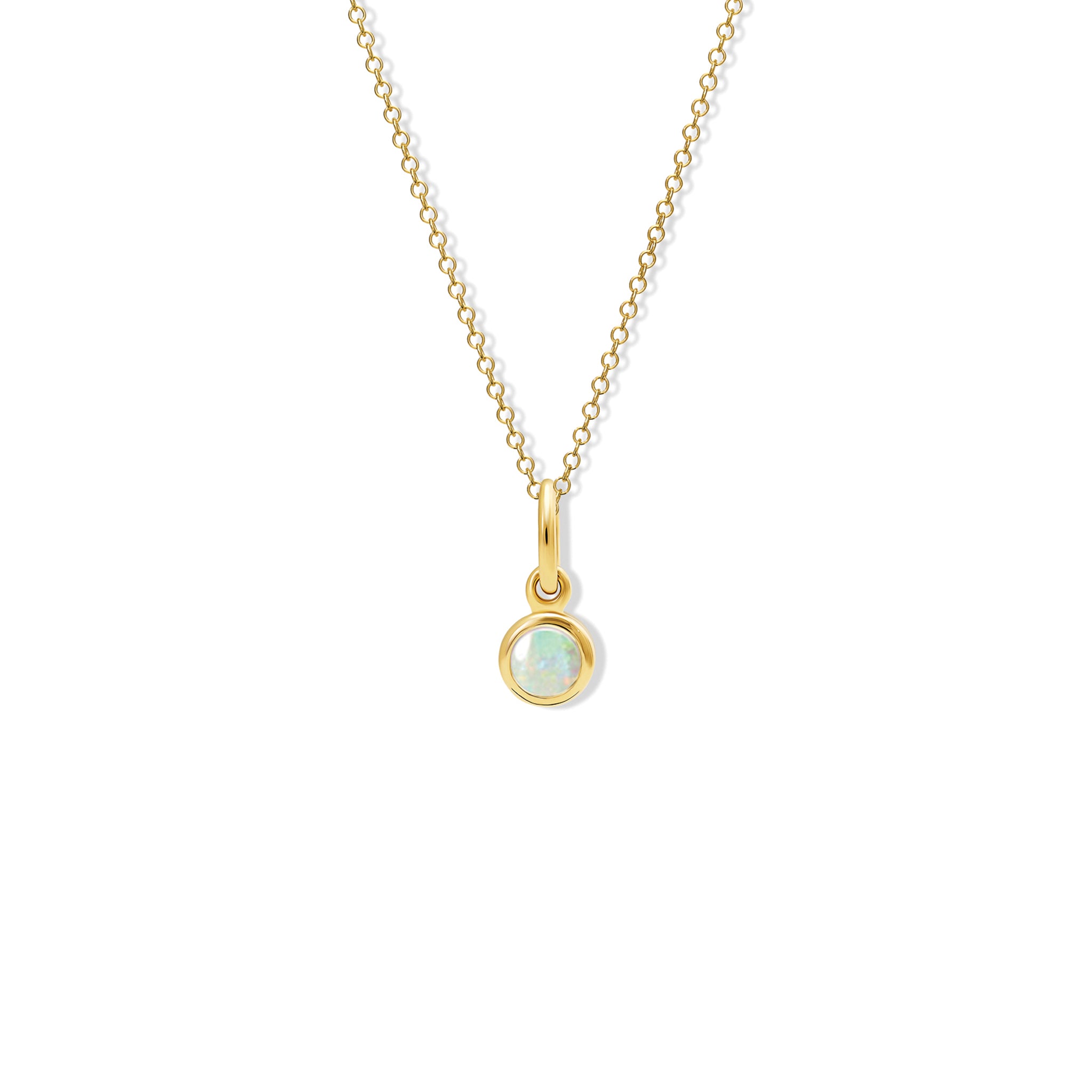 Handcrafted necklace pendant in yellow gold featuring a round opal drop, birthstone of October.