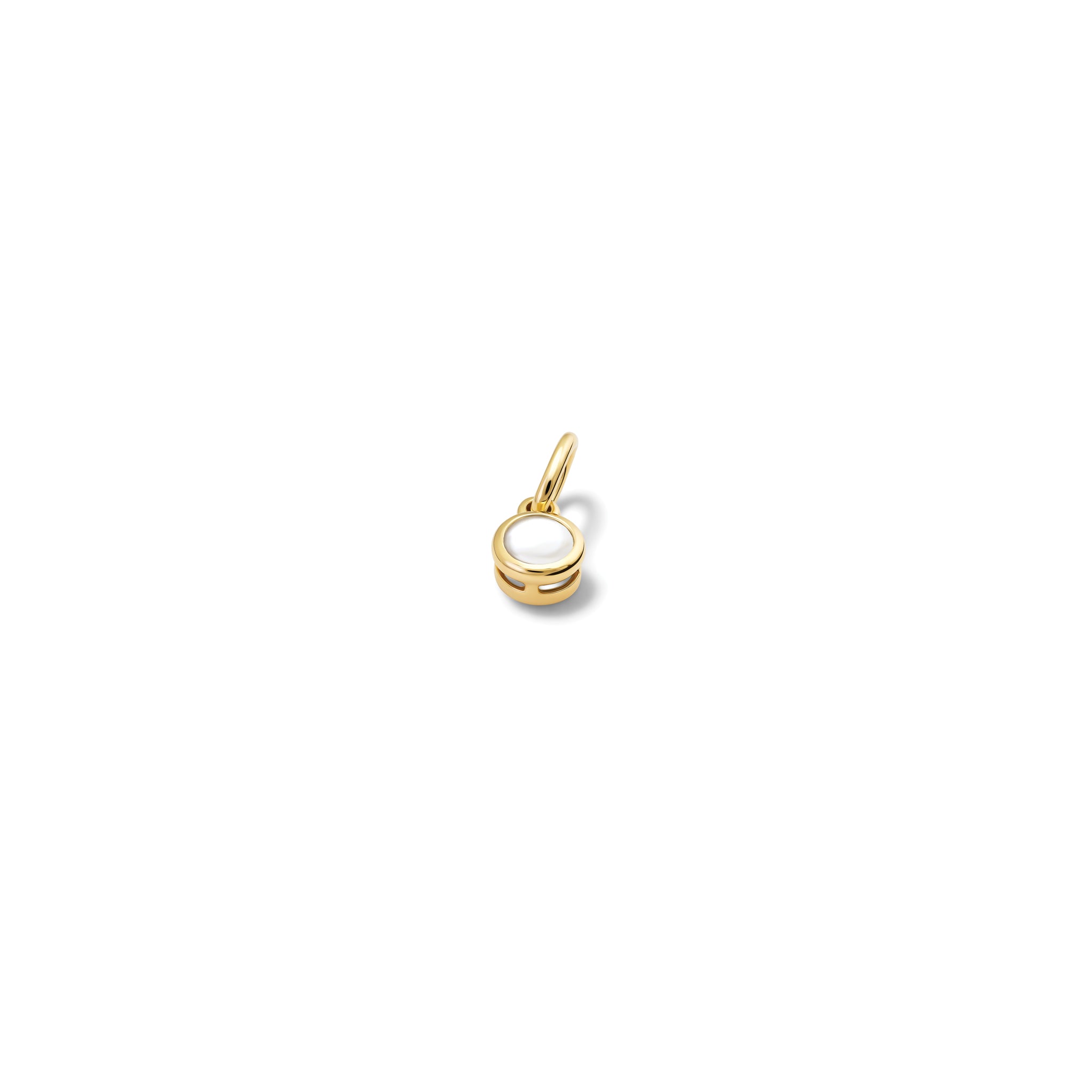 Handcrafted necklace pendant in yellow gold featuring a round pearl drop, birthstone of June.