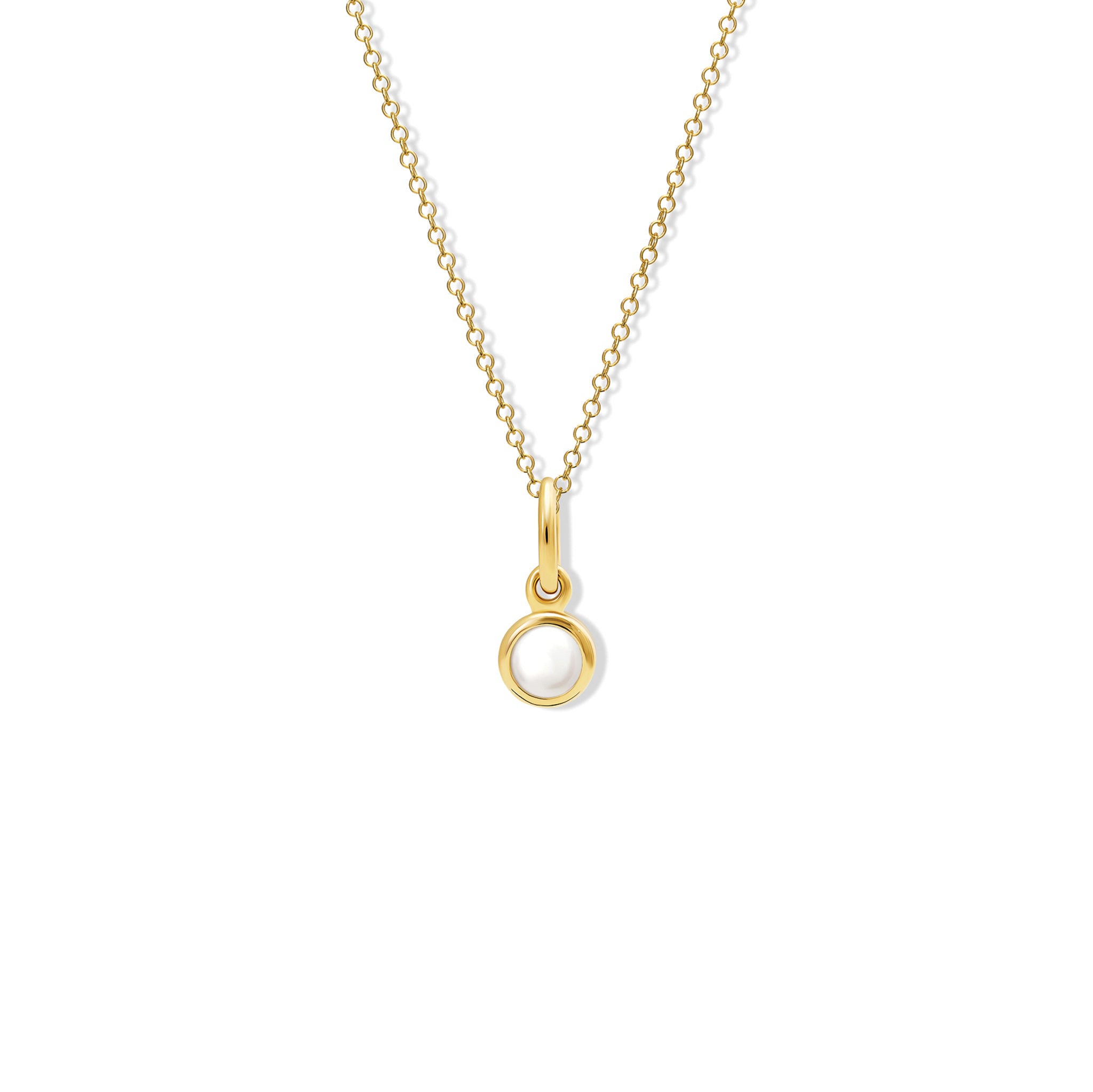 Handcrafted necklace pendant in yellow gold featuring a round pearl drop, birthstone of June.