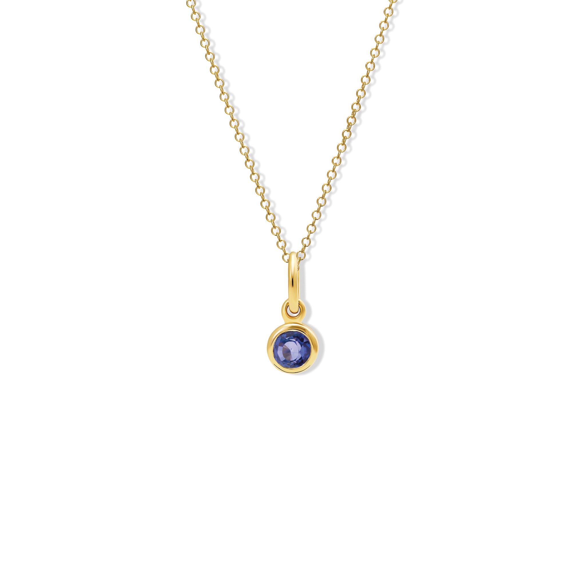 Handcrafted necklace pendant in yellow gold featuring a round sapphire drop, birthstone of September.