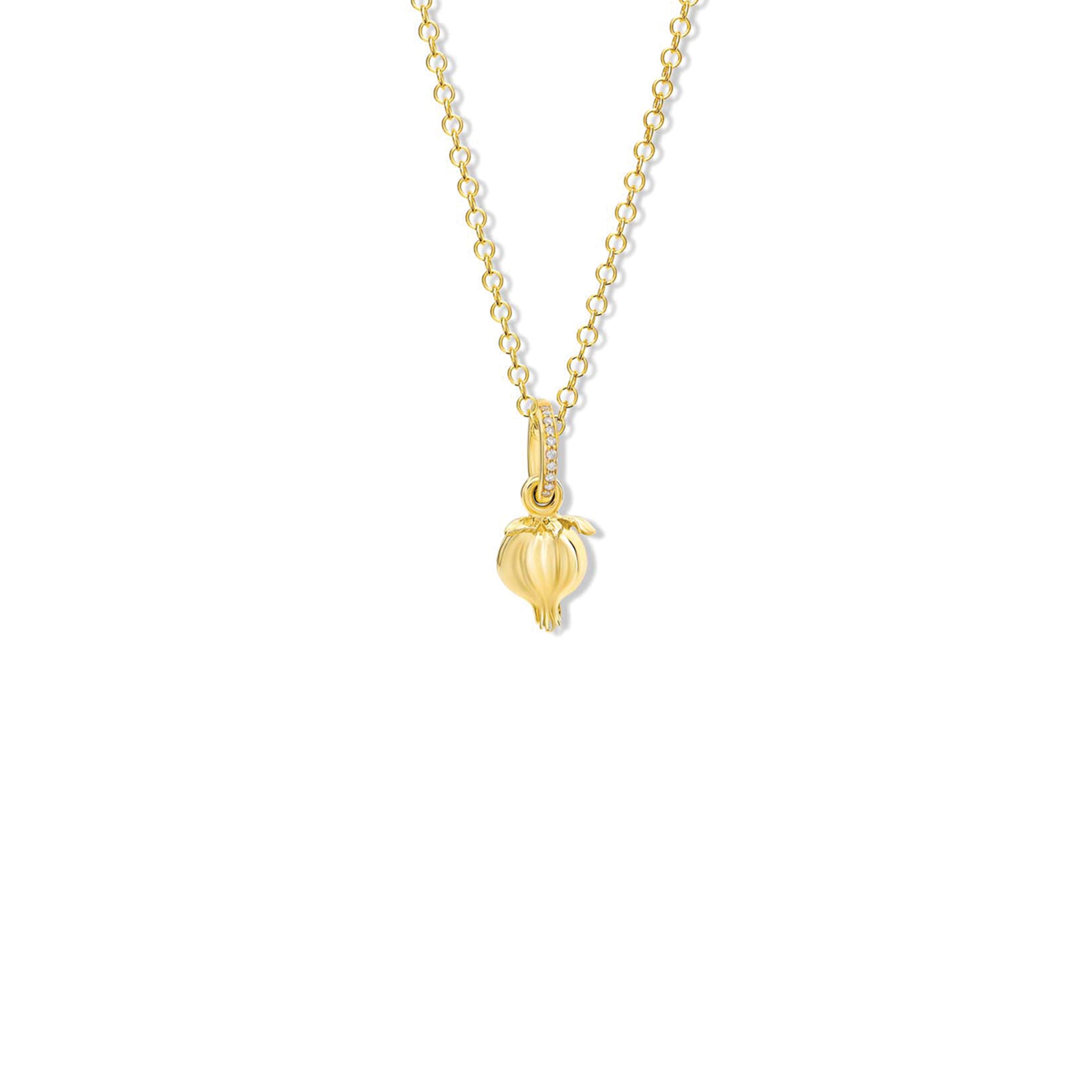 Handcrafted yellow gold pomegranate shaped necklace pendant with diamond pavé.