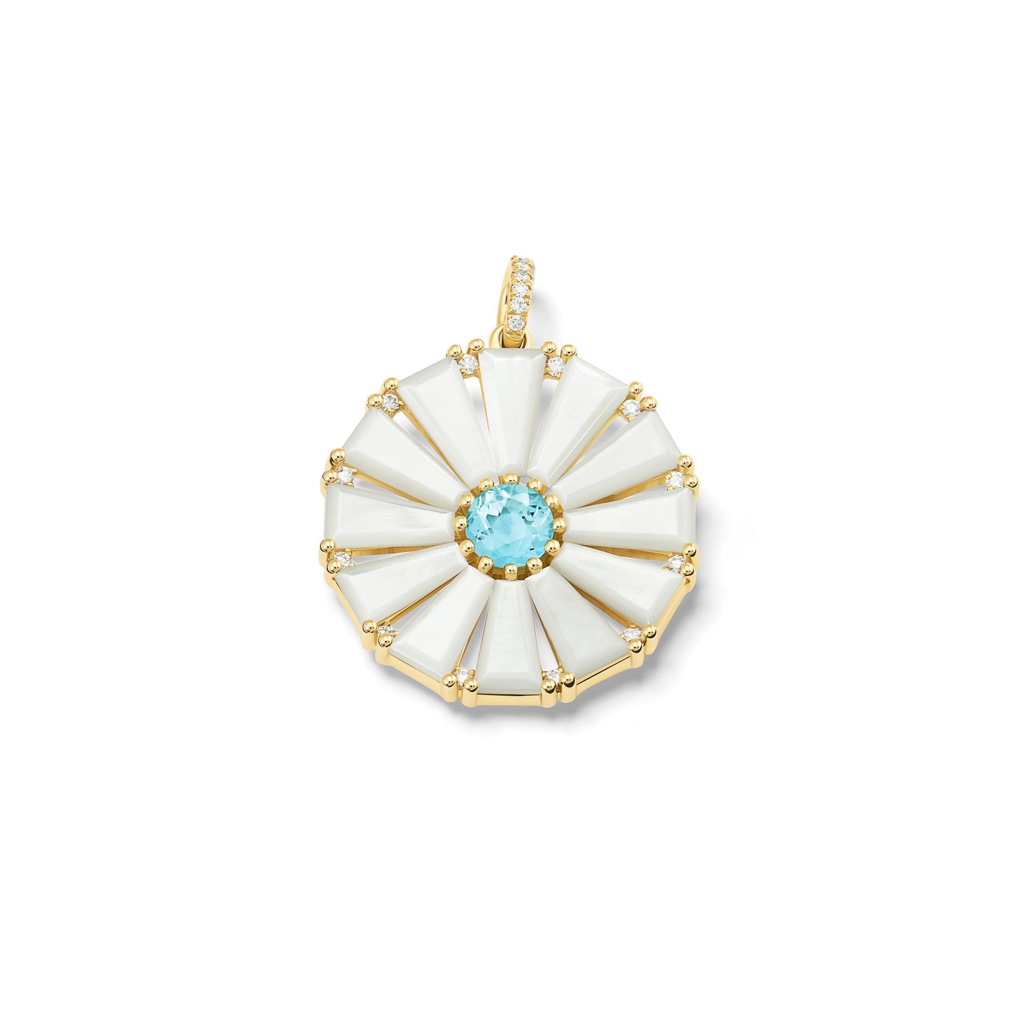 Handcrafted yellow gold circular necklace pendant with baguette cut mother of pearl, blue topaz and diamond gemstones.
