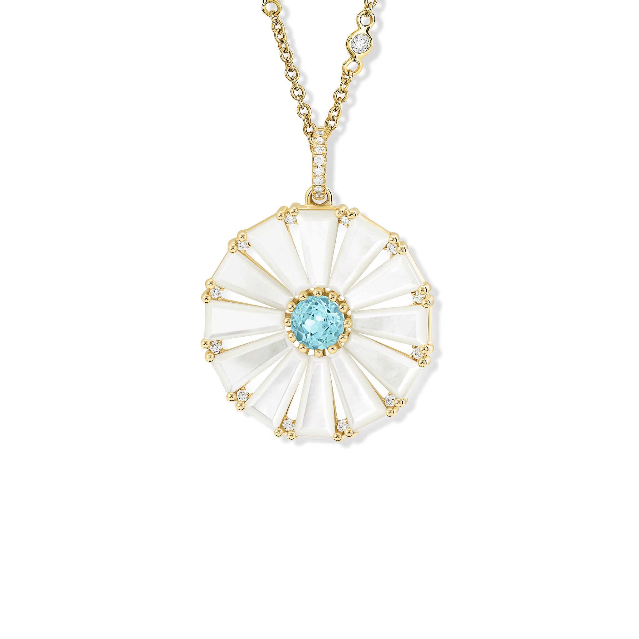 Handcrafted yellow gold circular necklace pendant with baguette cut mother of pearl, blue topaz and diamond gemstones.
