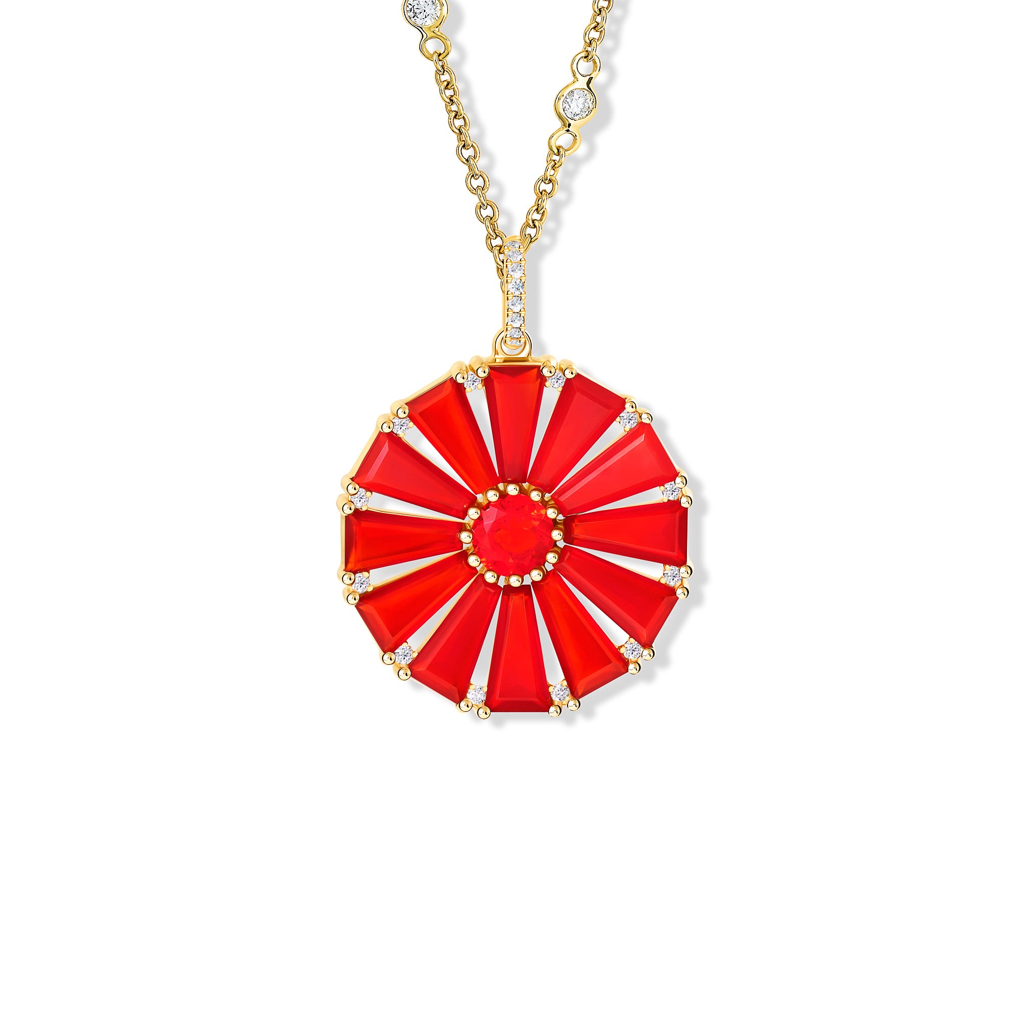 Handcrafted yellow gold circular necklace pendant with baguette cut cornelian, fire opal and diamond gemstones.
