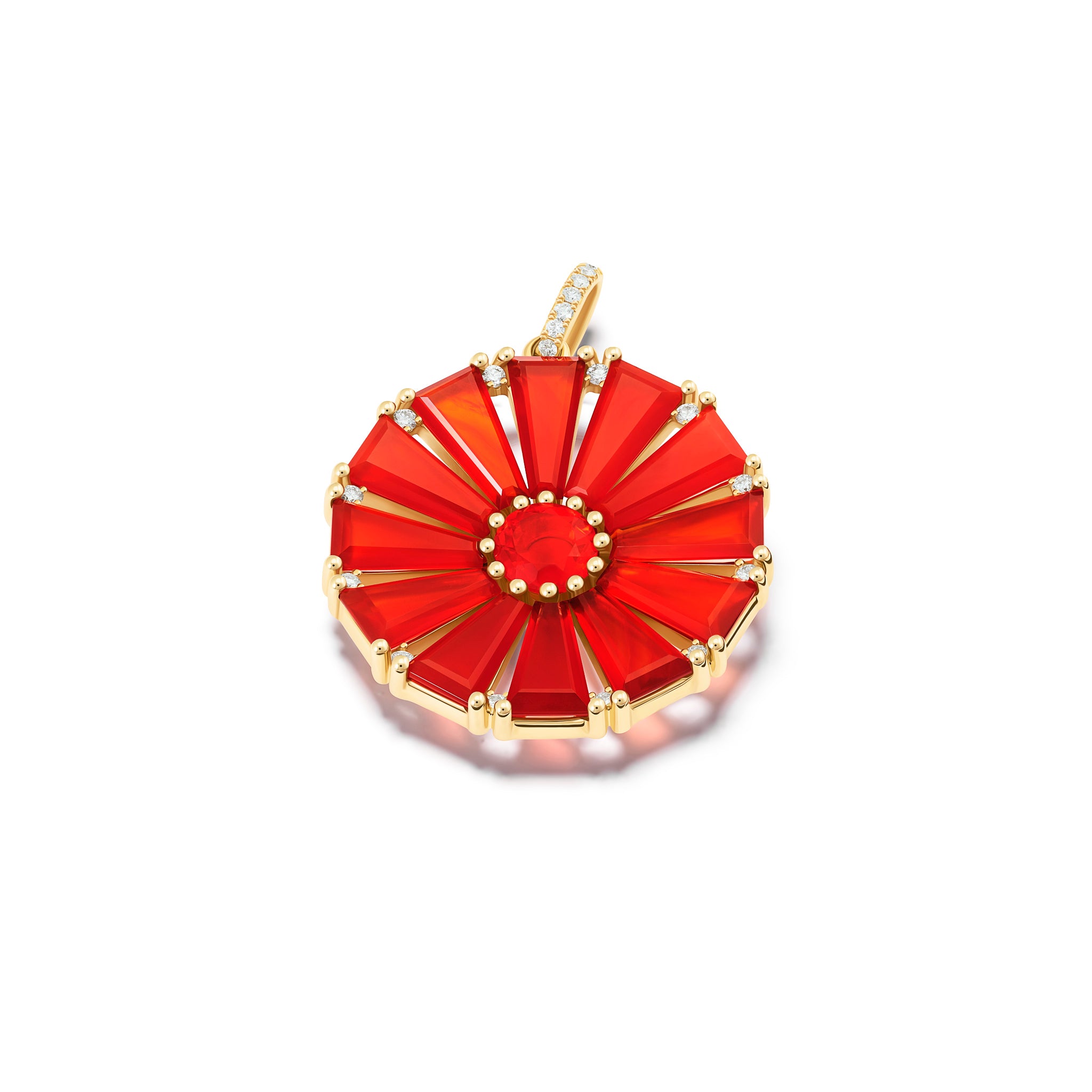 Handcrafted yellow gold circular necklace pendant with baguette cut cornelian, fire opal and diamond gemstones.
