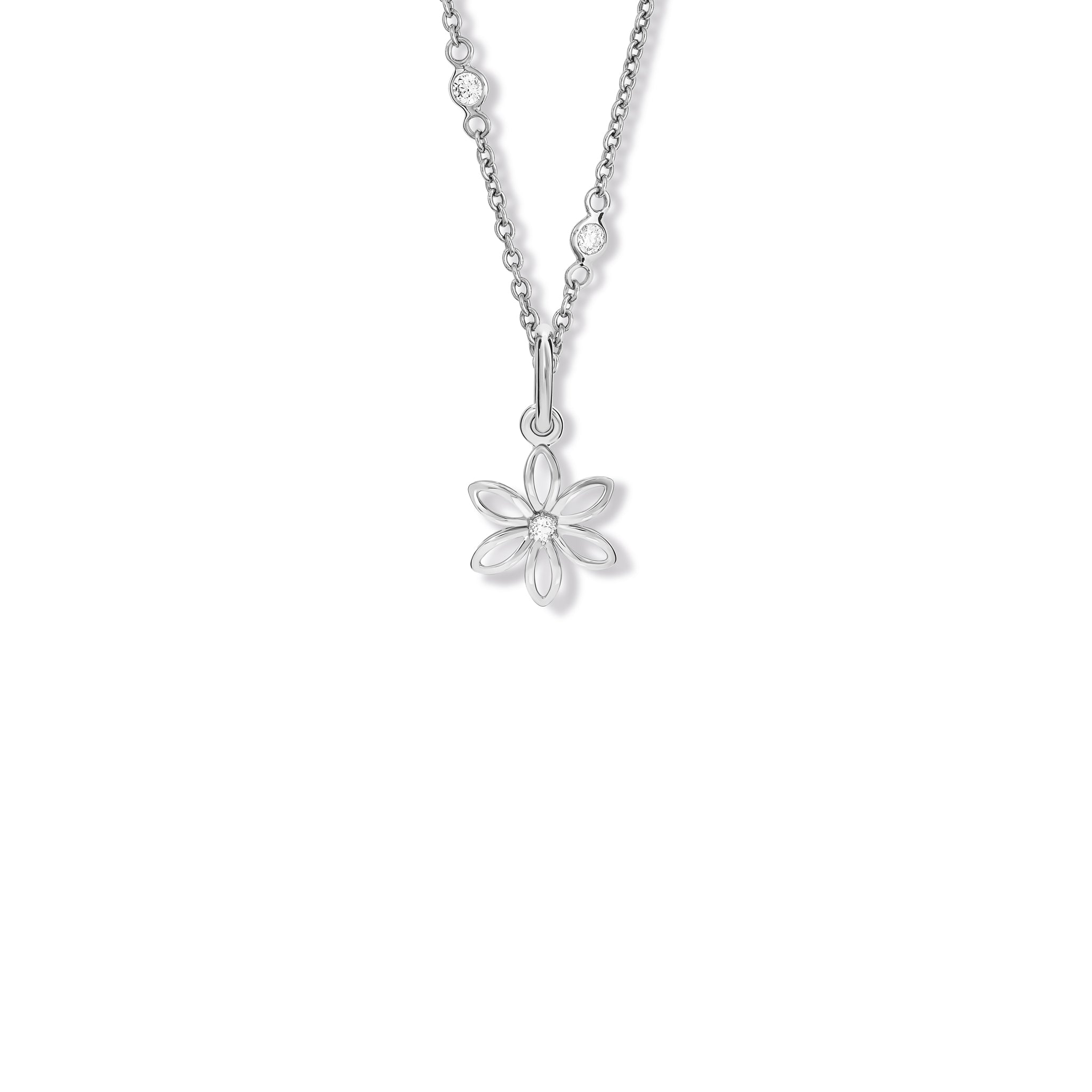 Handcrafted sterling silver flowernecklace pendant with a central diamond, birthstone of April.