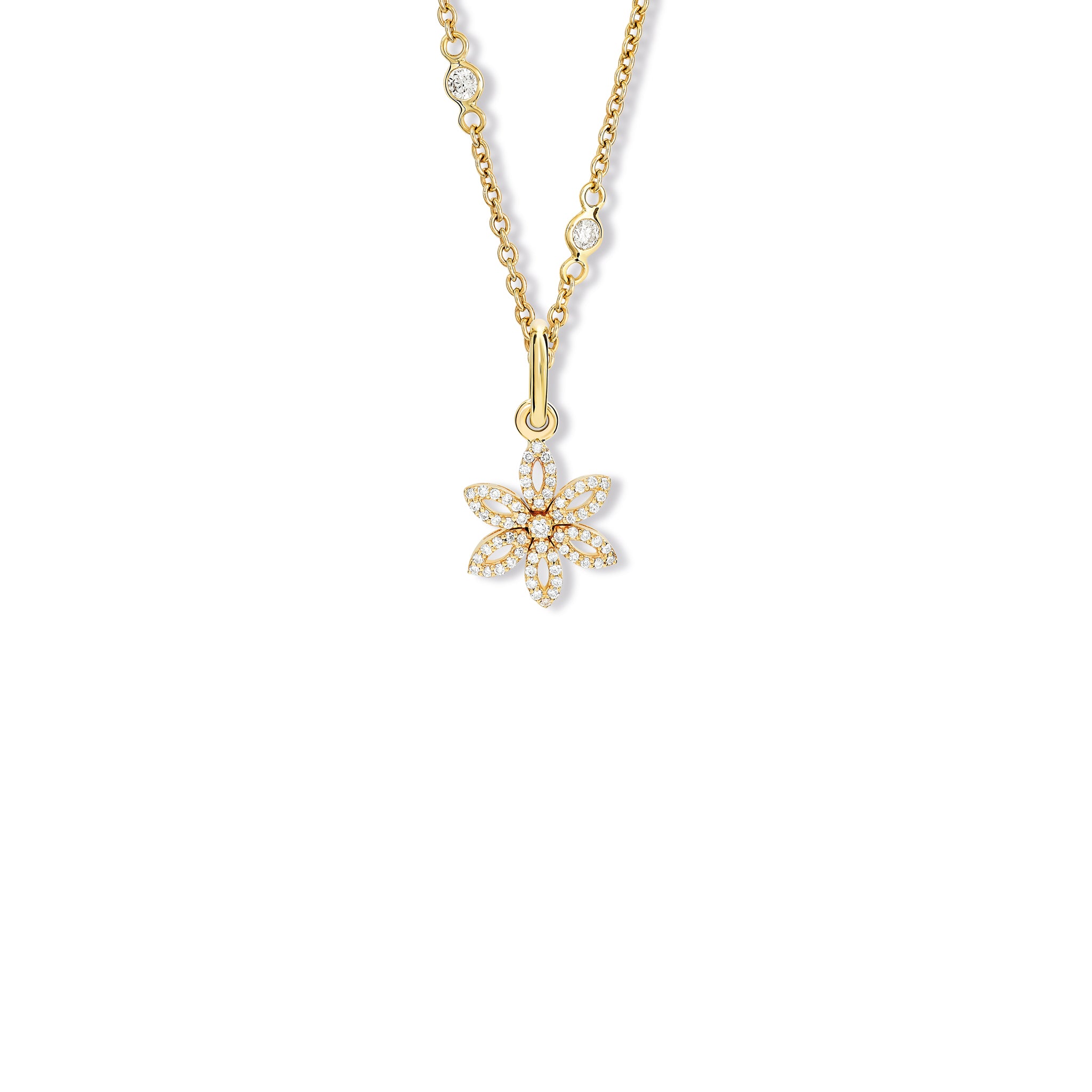 Handcrafted 18ct yellow gold flower necklace pendant with diamond pavé and central diamond, birthstone of April.