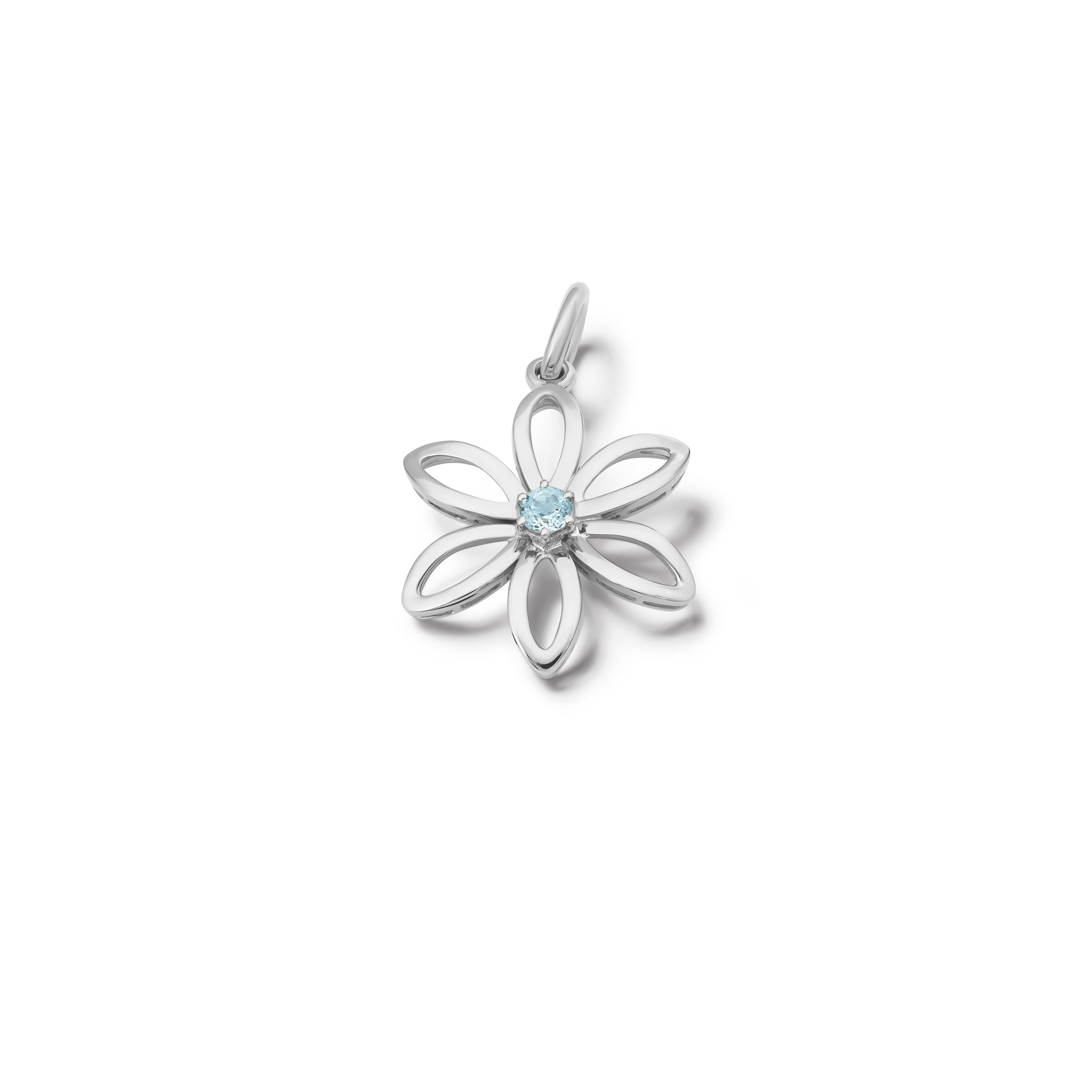 Handcrafted sterling silver flower necklace pendant with a central blue topaz, birthstone of November.