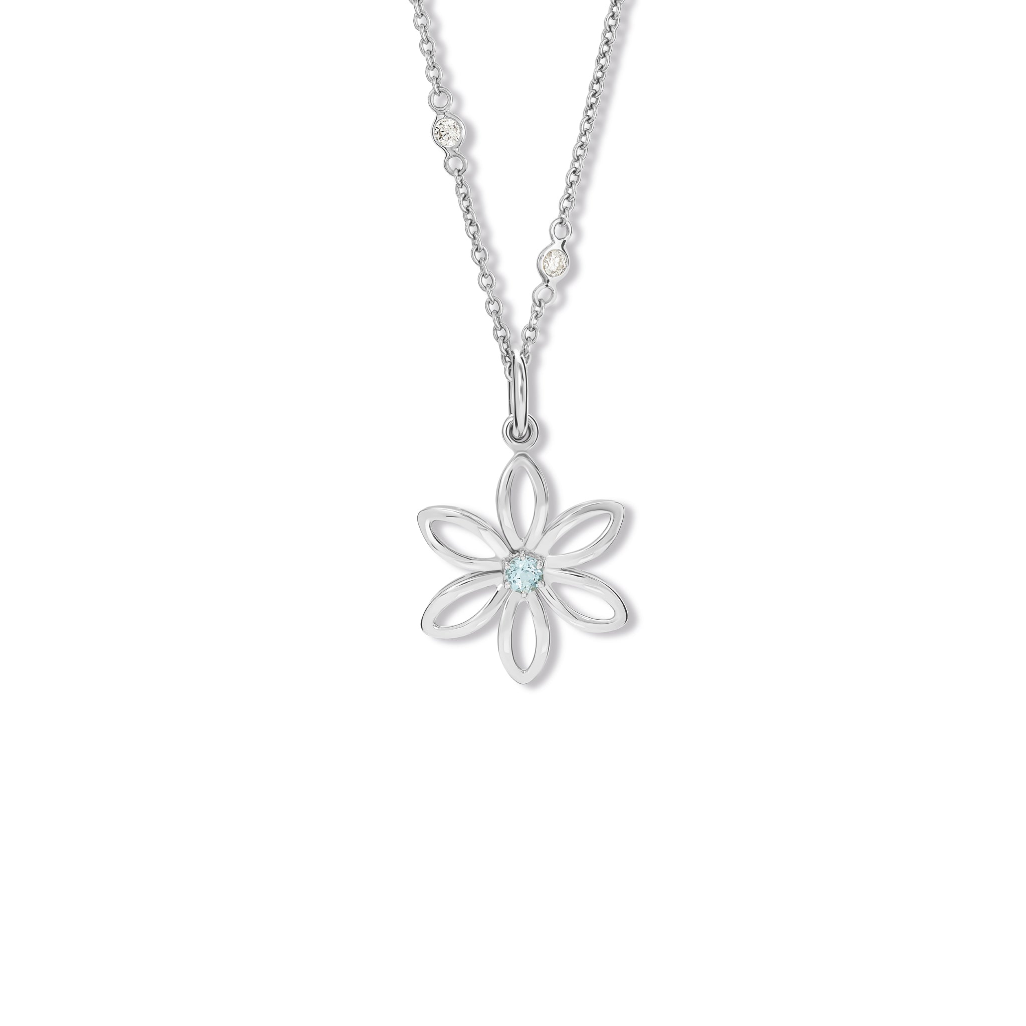 Handcrafted sterling silver flower necklace pendant with a central blue topaz, birthstone of November.