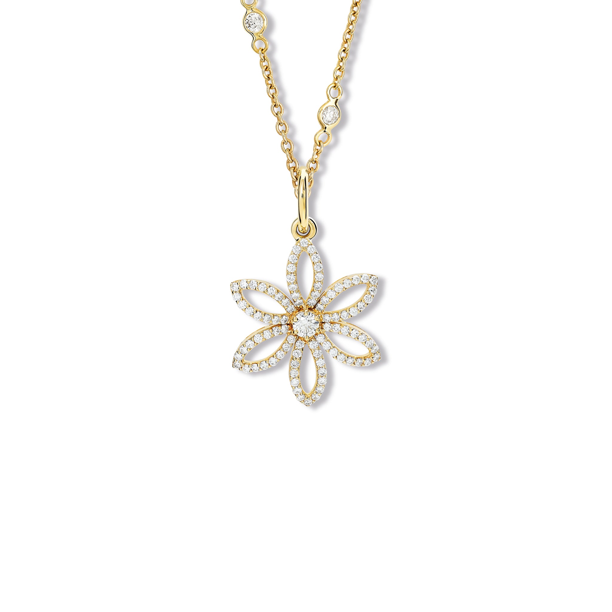 Handcrafted 18ct yellow gold flower necklace pendant with diamond pav� and central diamond, birthstone of April.