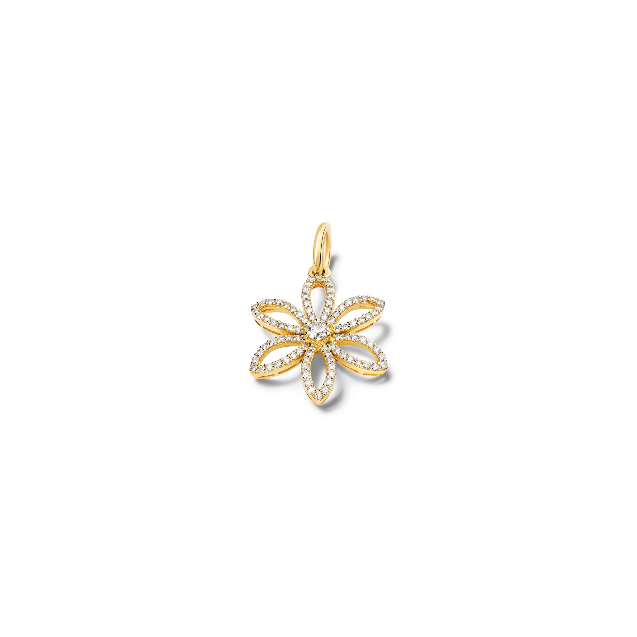 Handcrafted 18ct yellow gold flower necklace pendant with diamond pav? and central diamond, birthstone of April.