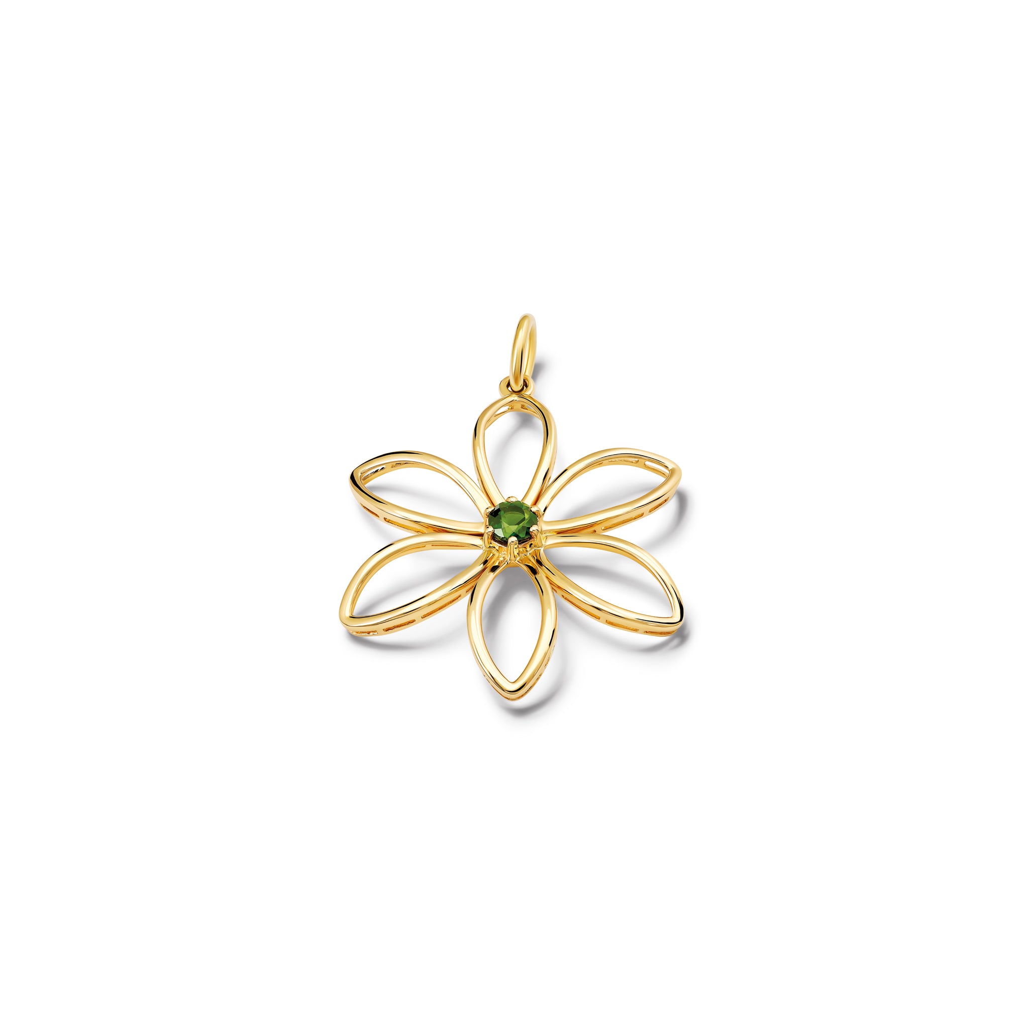 Handcrafted yellow gold flower necklace pendant with a central chrome diopside.