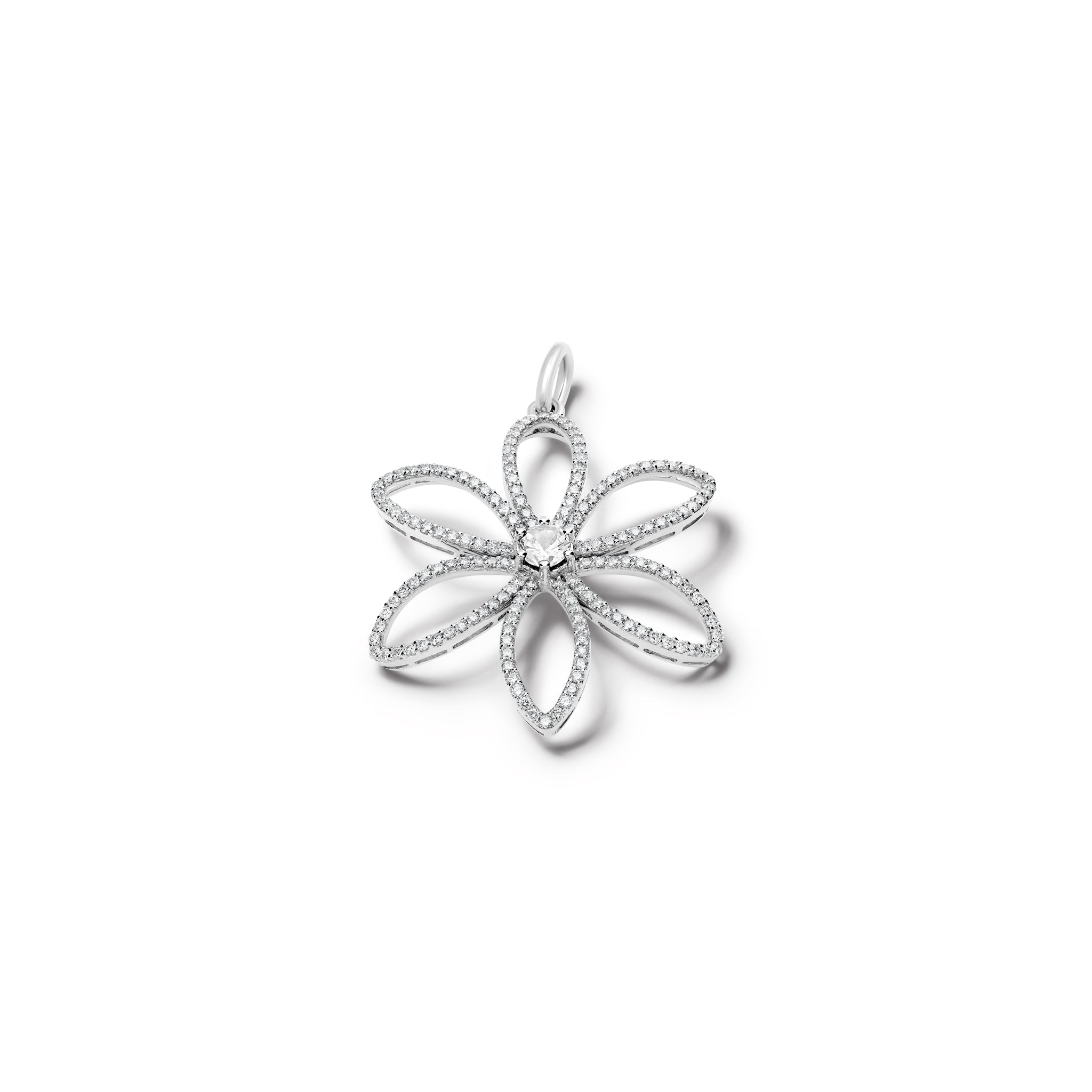 Handcrafted 18ct white gold flower necklace pendant with diamond pavé and central diamond, birthstone of April.