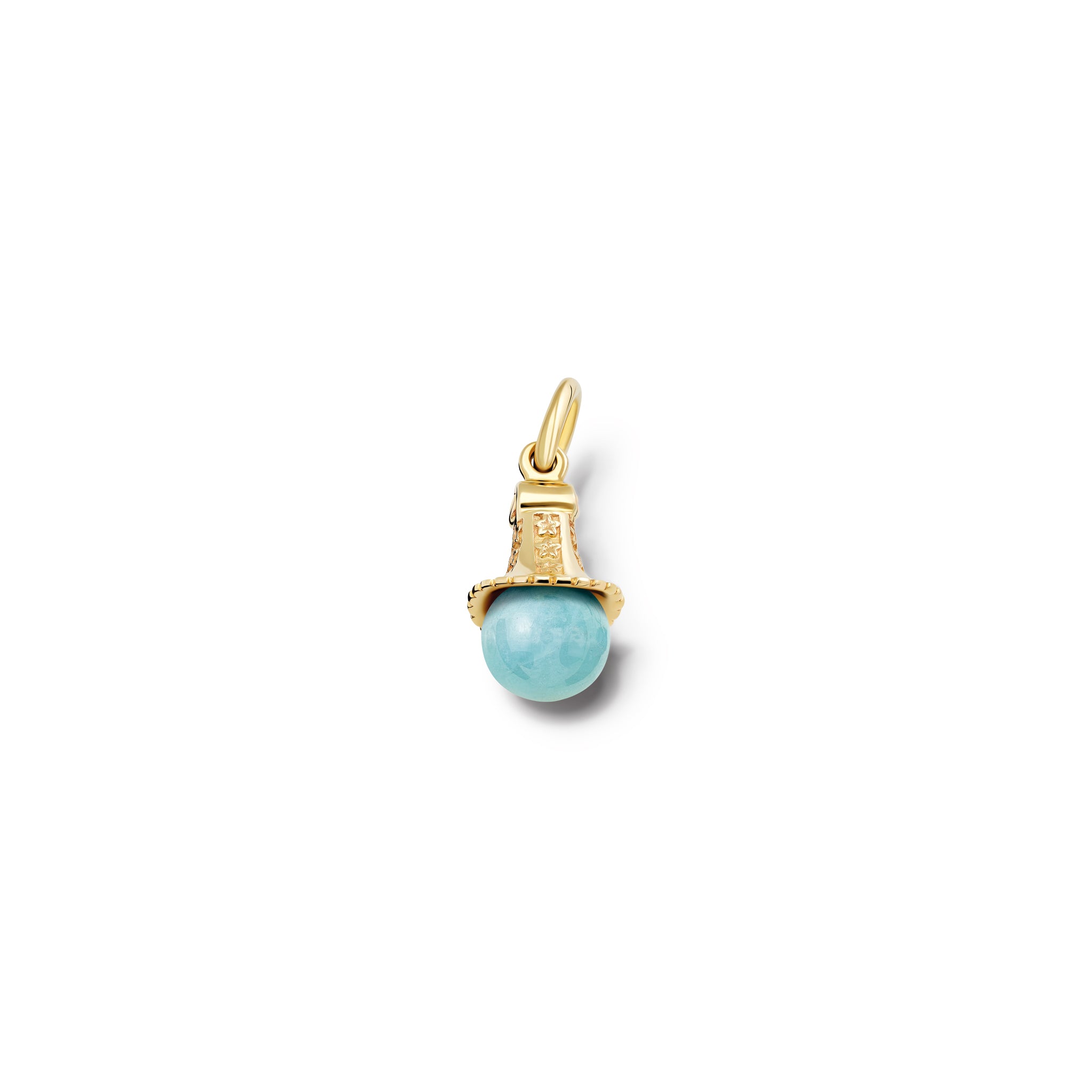 Handcrafted yellow gold necklace pendant with an aquamarine bead, birthstone of March.