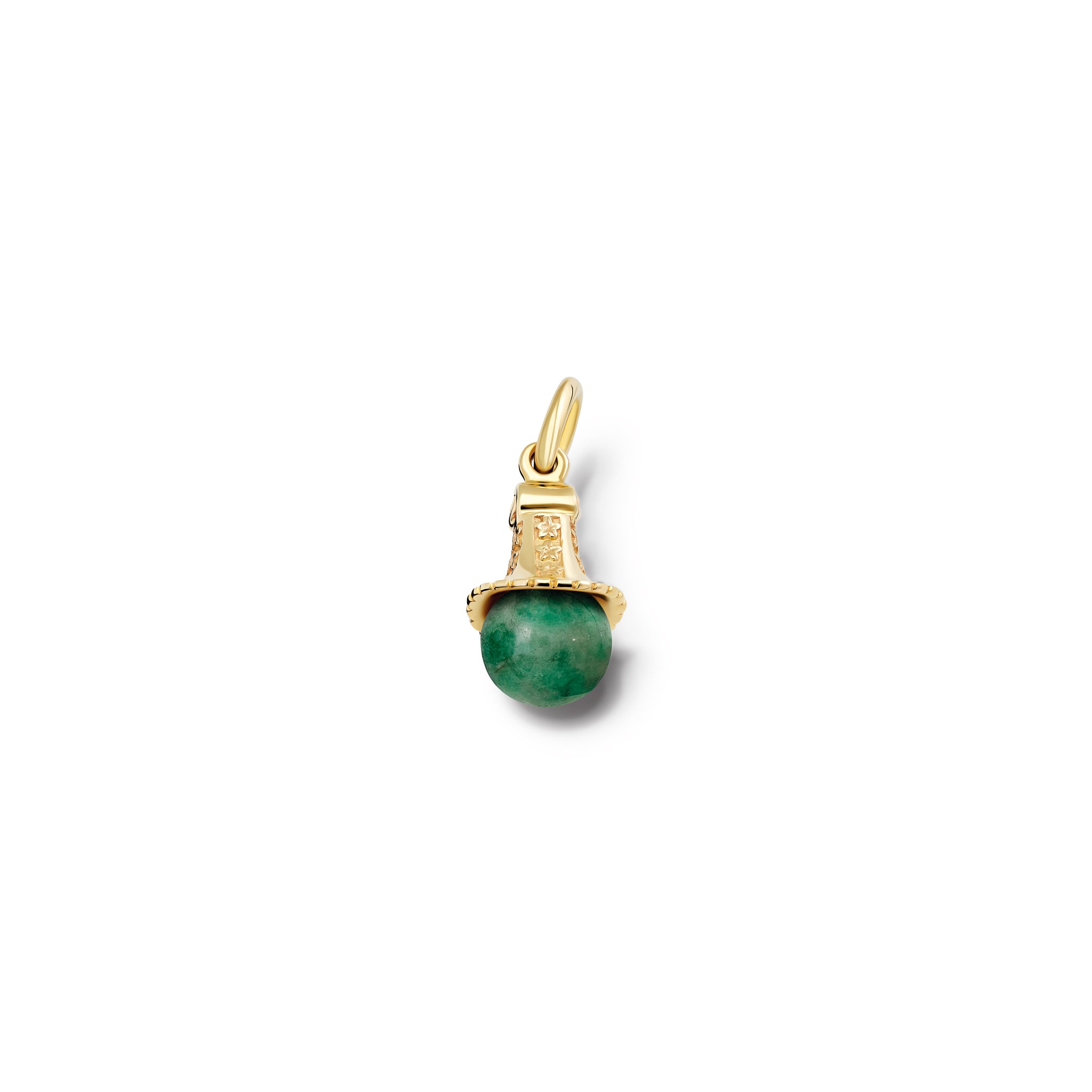 Handcrafted yellow gold necklace pendant with an emerald bead, birthstone of May.