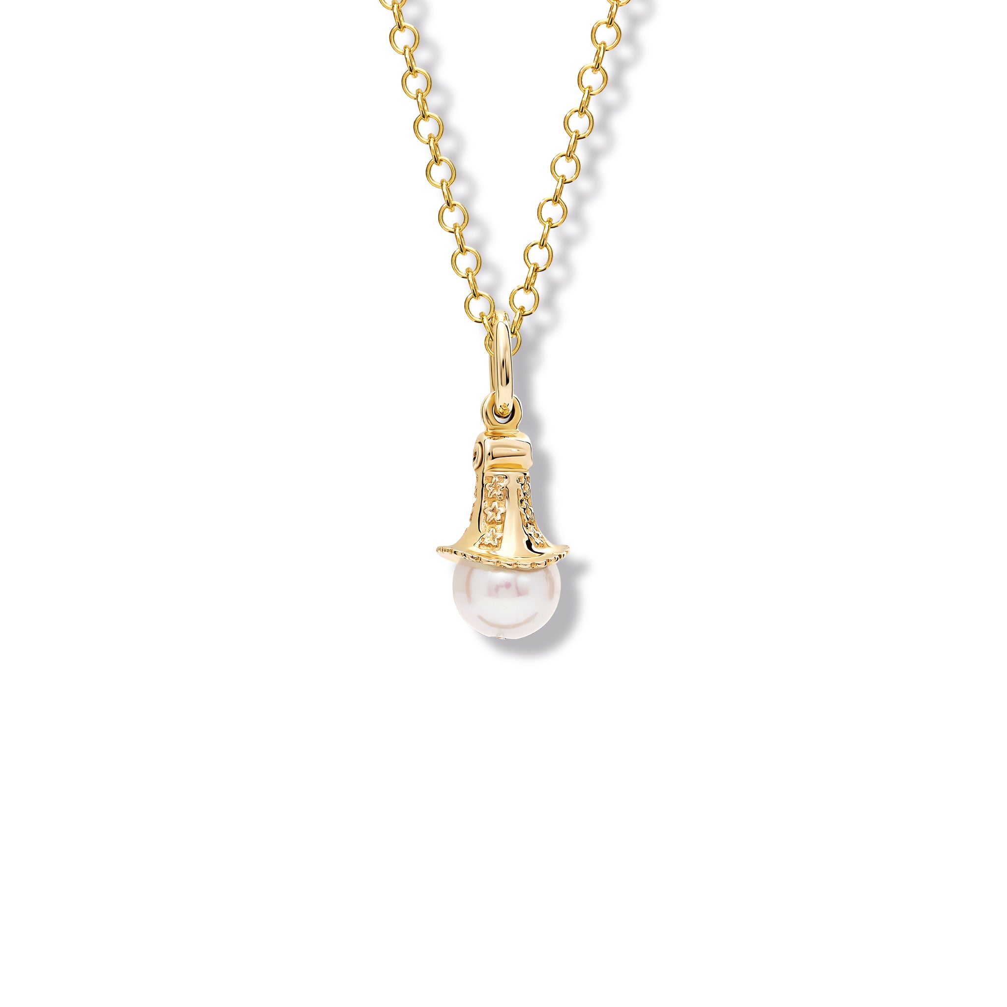 Handcrafted yellow gold necklace pendant with a pearl, birthstone of June.