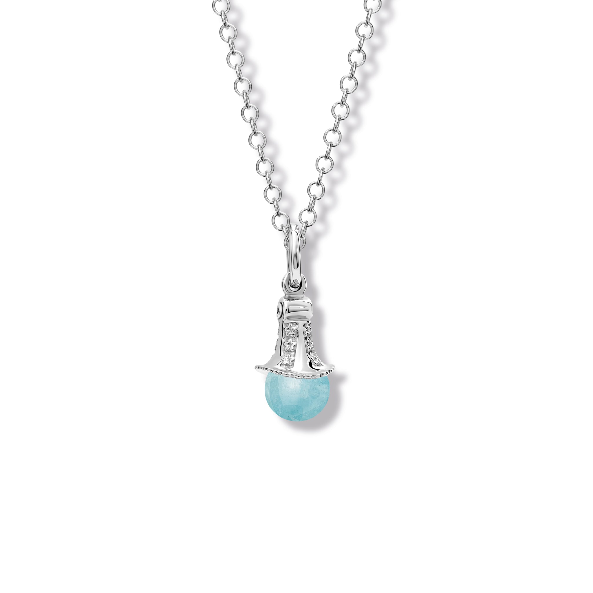 Handcrafted sterling silver necklace pendant with an aquamarine bead, birthstone of March.