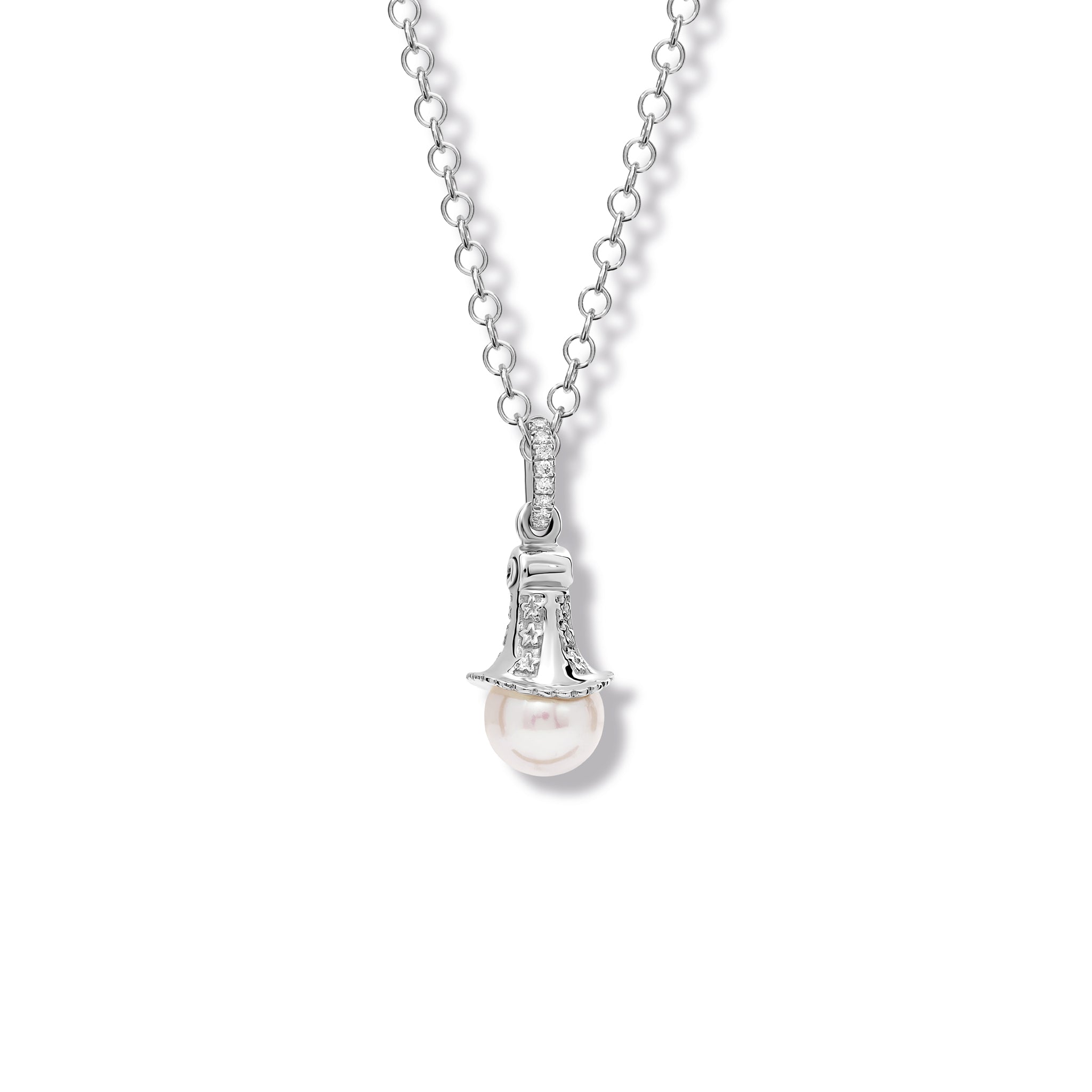 Handcrafted white gold necklace pendant with a pearl and diamond pav�, birthstone of June.