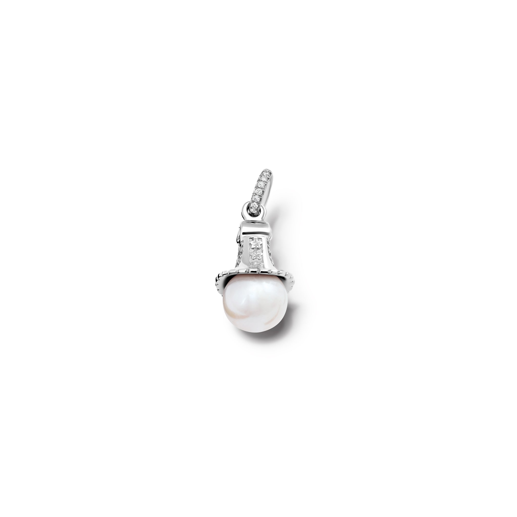 Handcrafted white gold necklace pendant with a pearl and diamond pavé, birthstone of June.