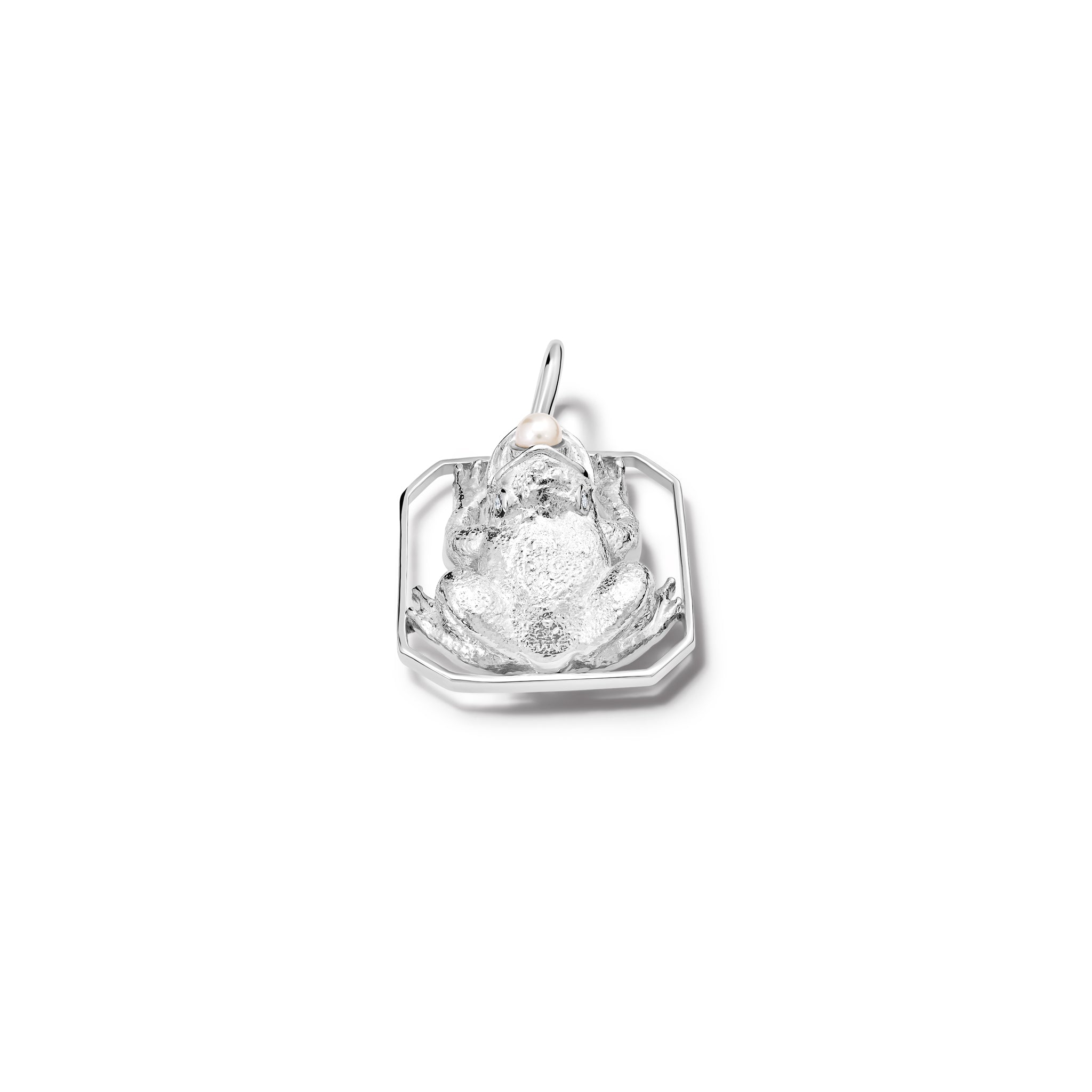 Handcrafted sterling silver frog shaped necklace pendant with diamonds and pearl.