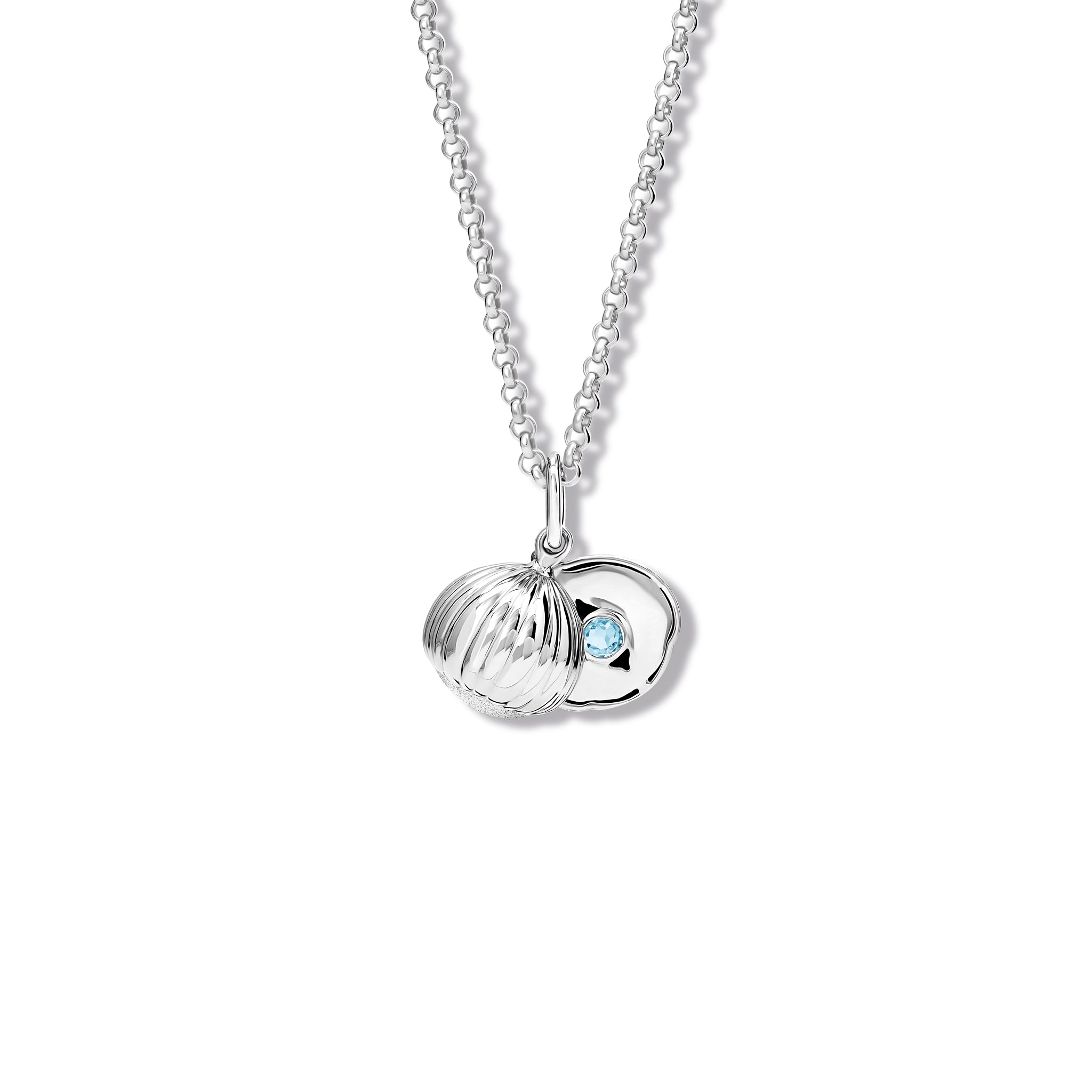 Handcrafted sterling silver necklace pendant with a hazelnut design revealing a blue topaz, birthstone of November.