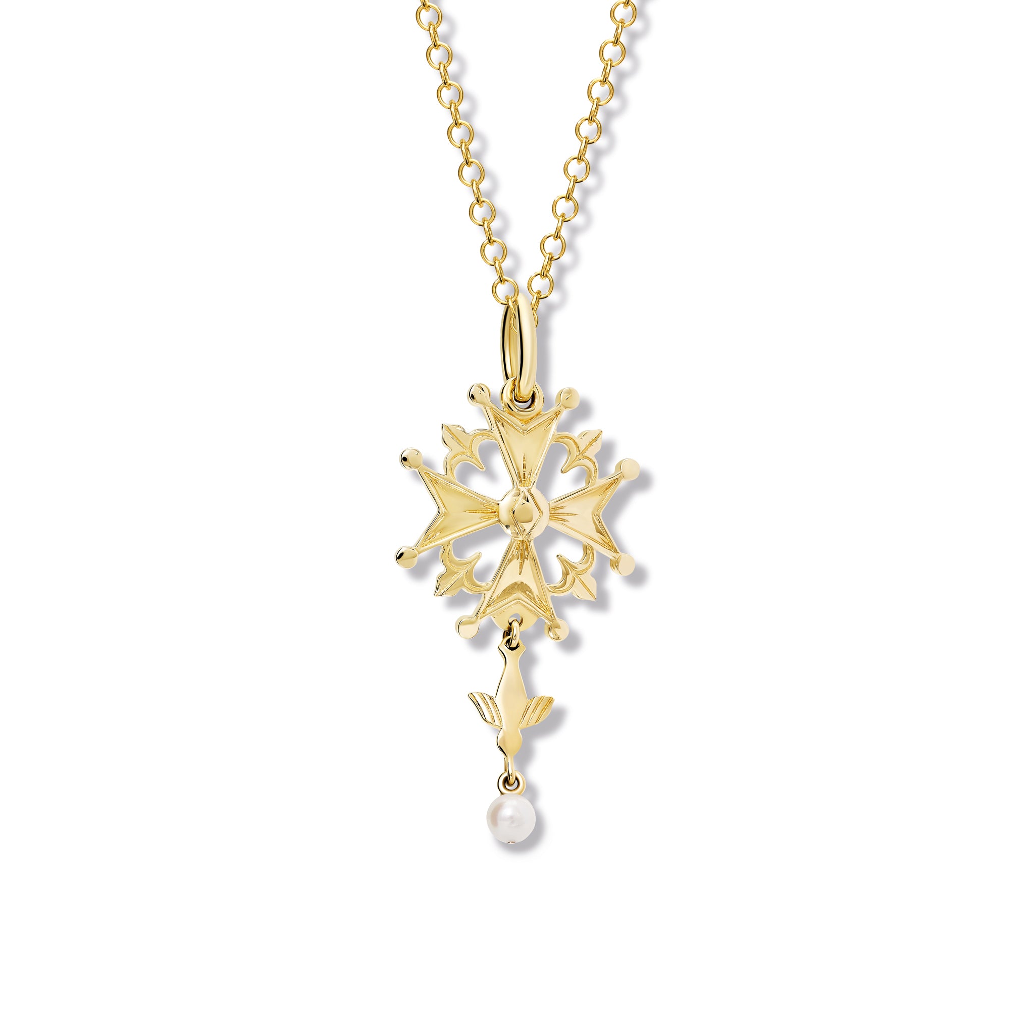 Handcrafted yellow gold Huguenot cross pendant with pearl, birthstone of June.