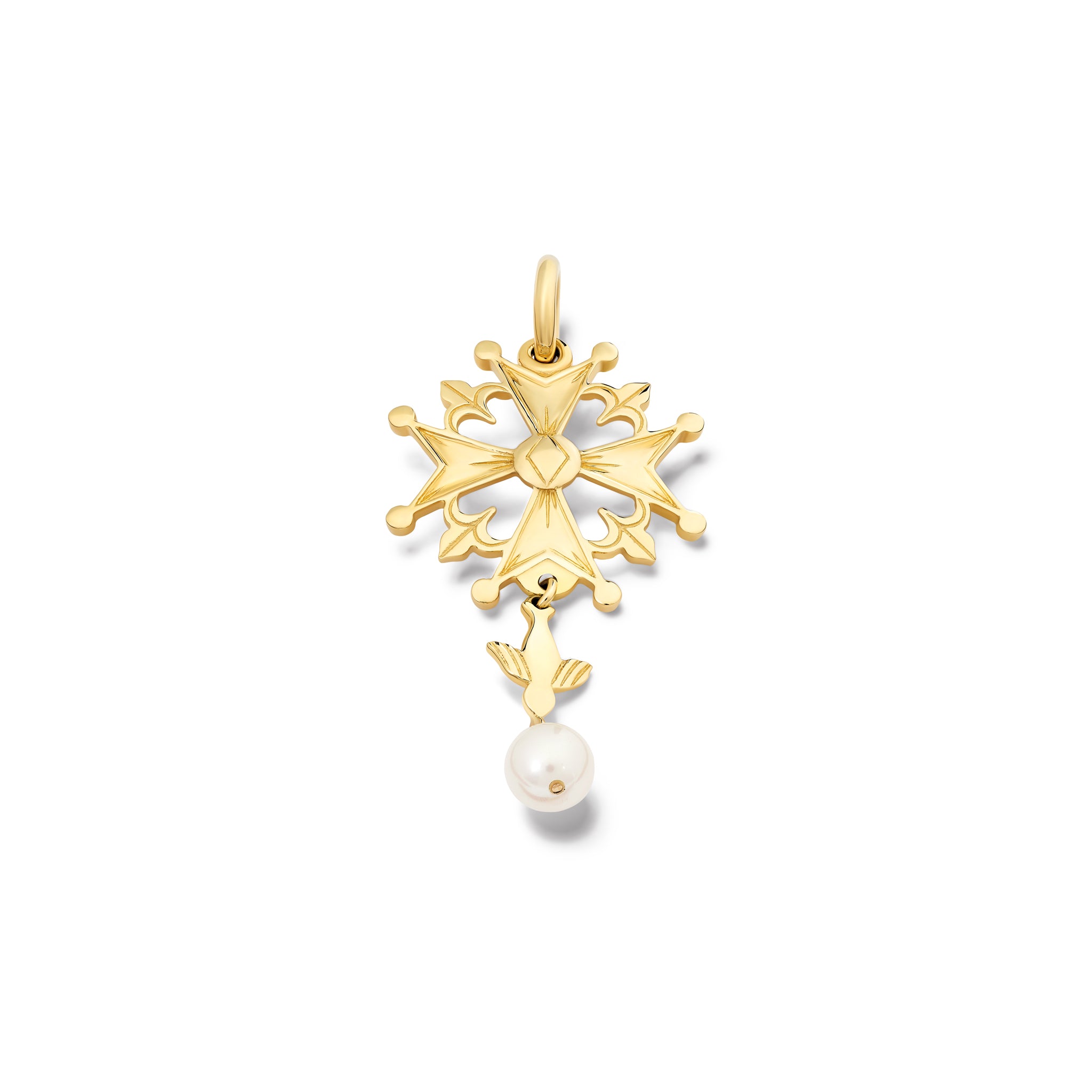 Handcrafted yellow gold Huguenot cross pendant with pearl, birthstone of June.