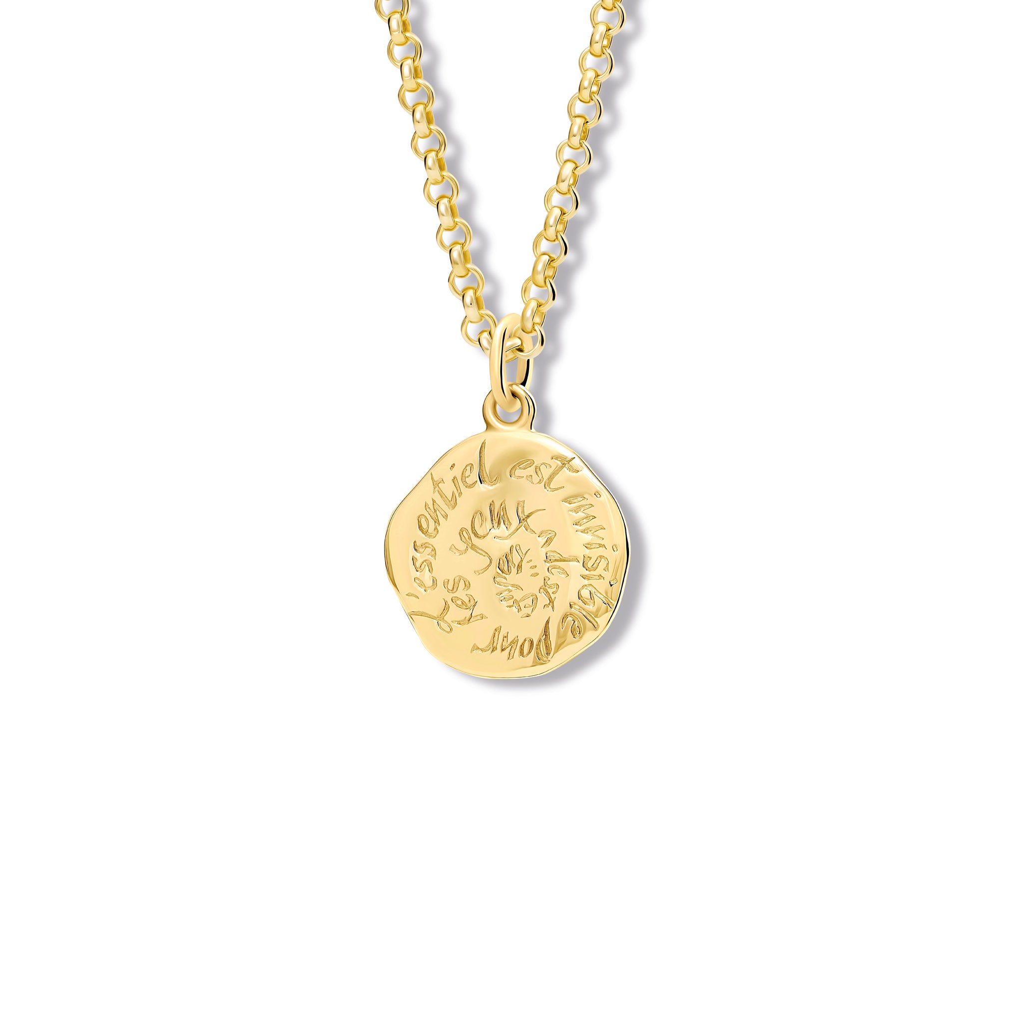 Handcrafted yellow gold necklace pendant engraved with the quote, 'L'essentiel est invisible pour les yeux.'