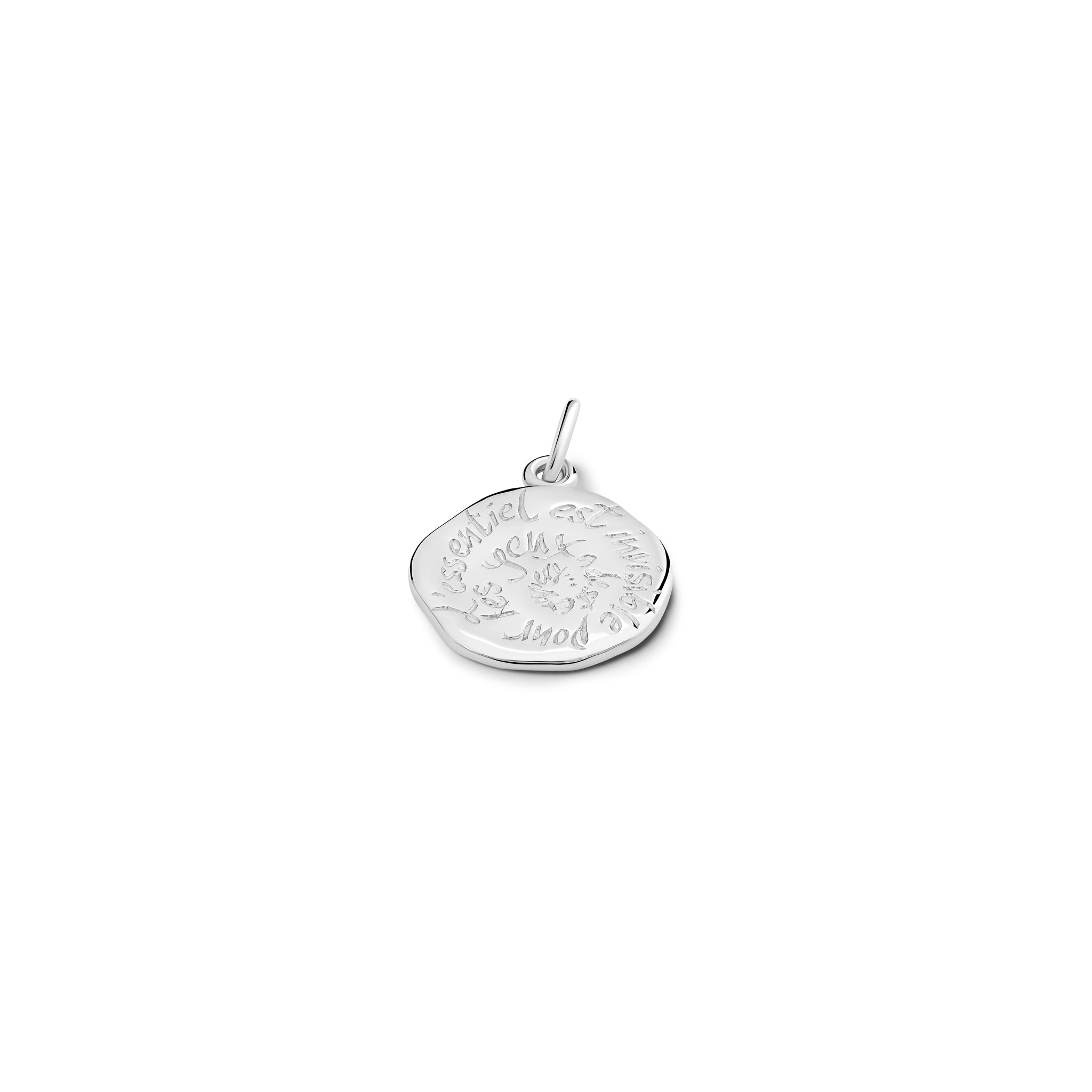 Handcrafted sterling silver necklace pendant engraved with the quote, 'L'essentiel est invisible pour les yeux.'