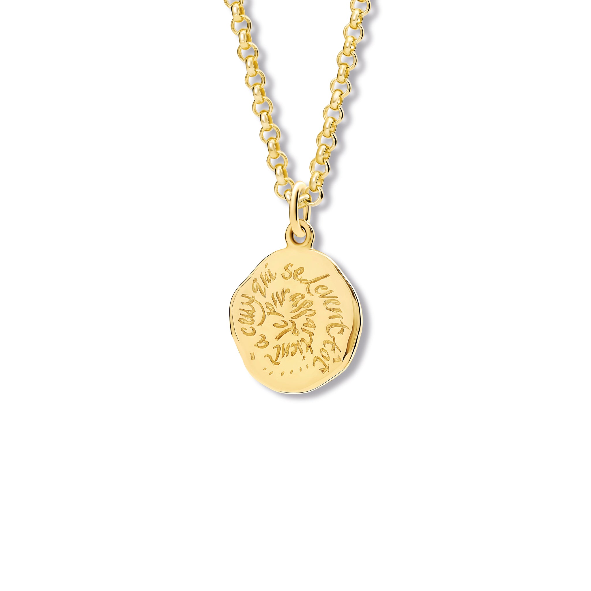 Handcrafted yellow gold necklace pendant engraved with the quote, 'The day is theirs who wake early.'