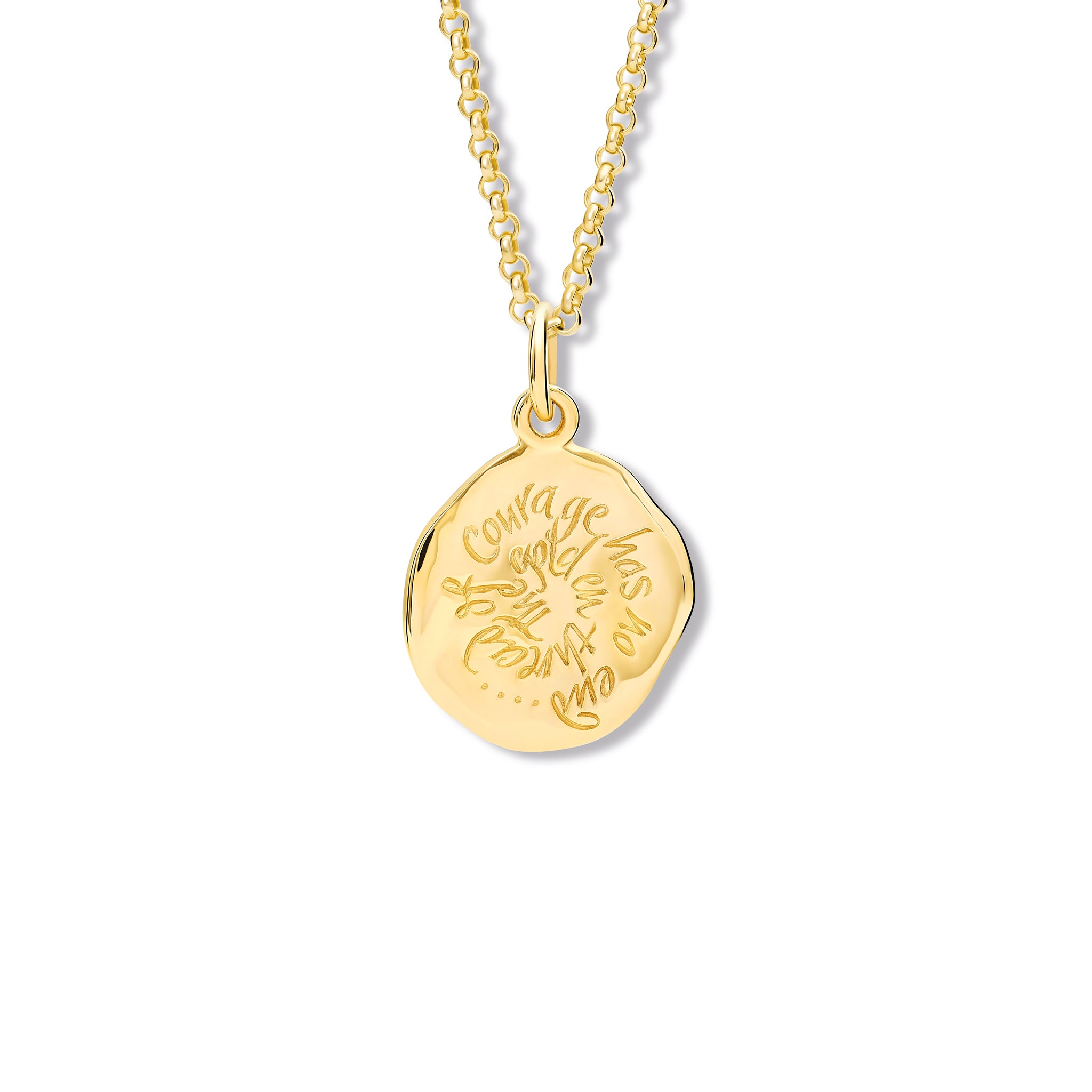 Handcrafted yellow gold round necklace pendant engraved with a quote.