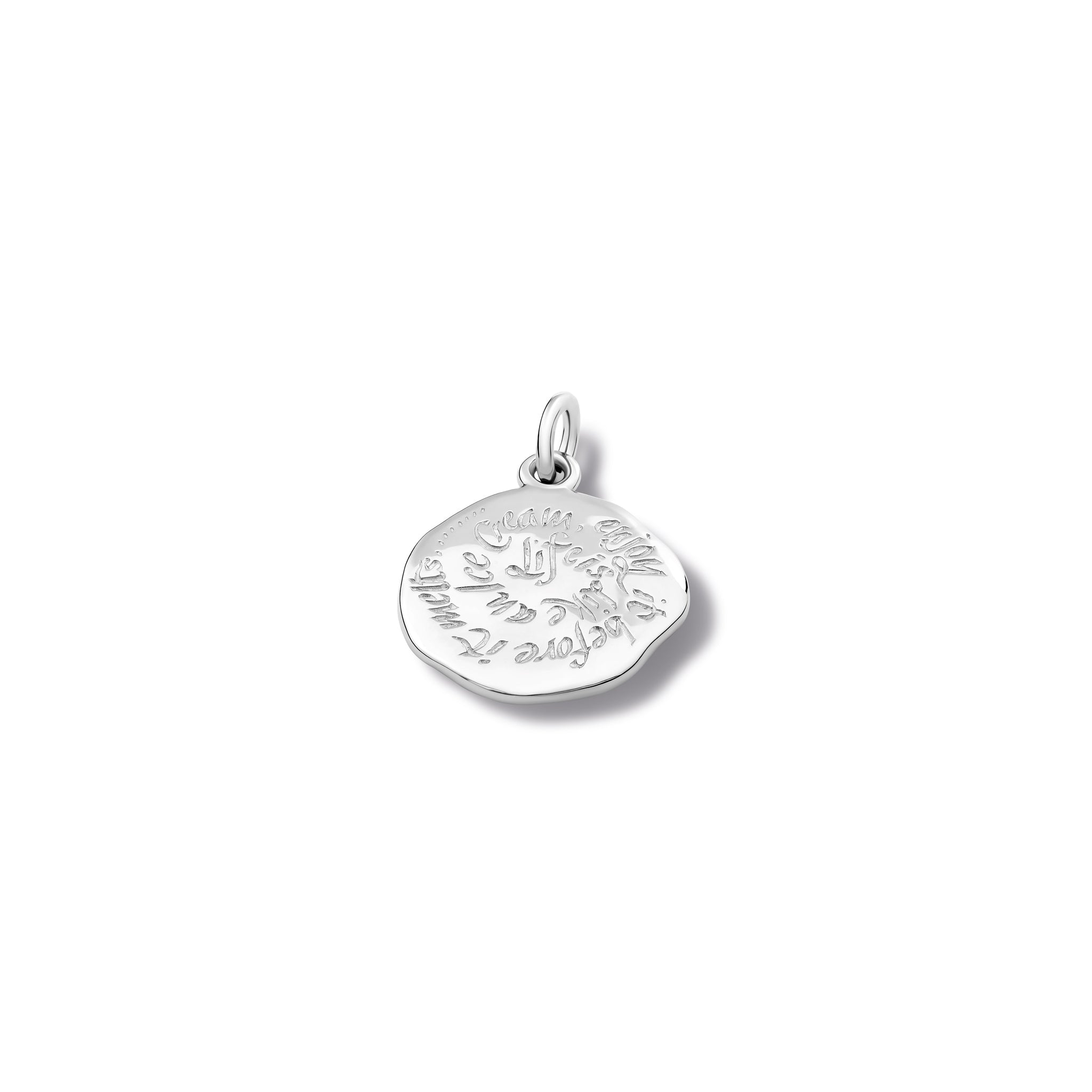 Handcrafted sterling silver necklace pendant engraved with the quote, 'Life is like an ice cream.'