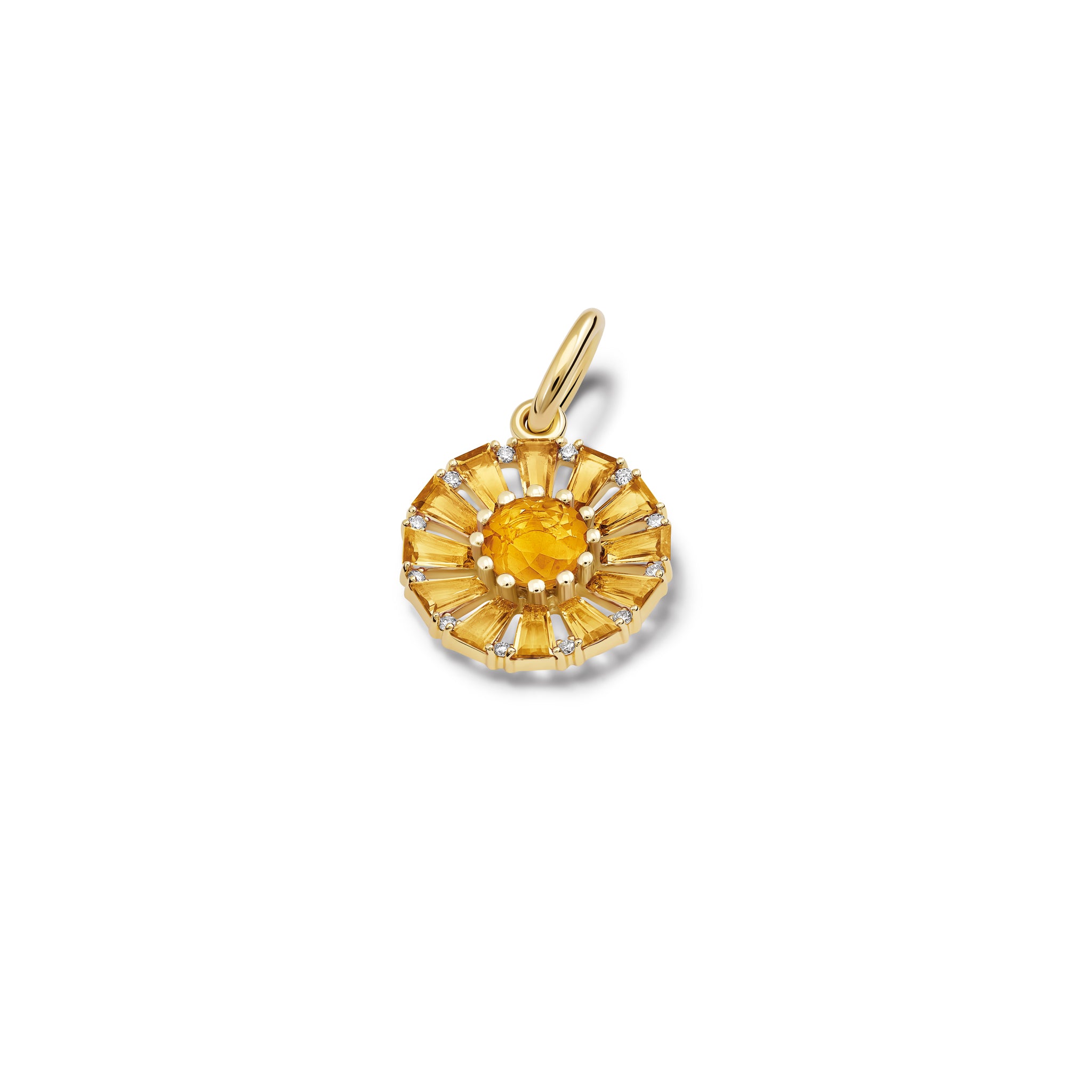 Handcrafted yellow gold necklace pendant featuring a circular arrangement of citrine and diamond, birthstone of November.