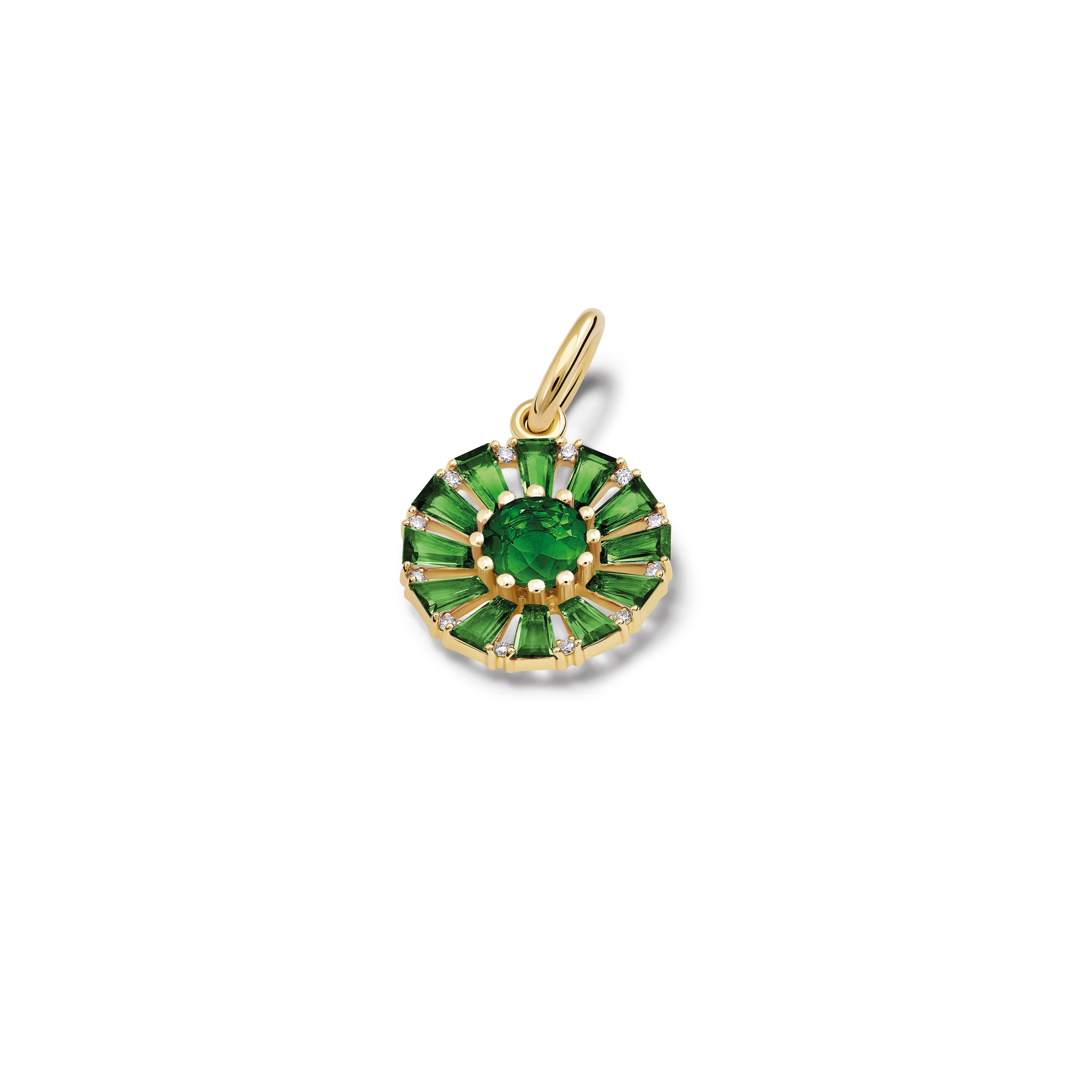 Handcrafted yellow gold circular necklace pendant with baguette cut chrome diopside and diamond gemstones.
