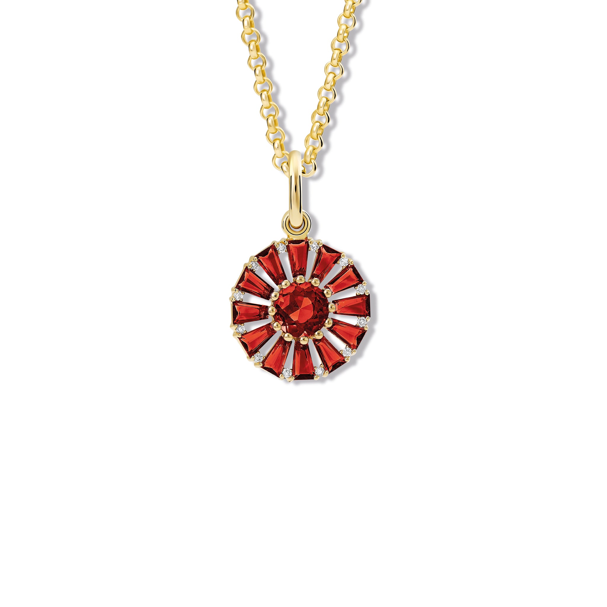 Handcrafted yellow gold necklace pendant featuring a circular arrangement of garnet and diamond, birthstone of January.