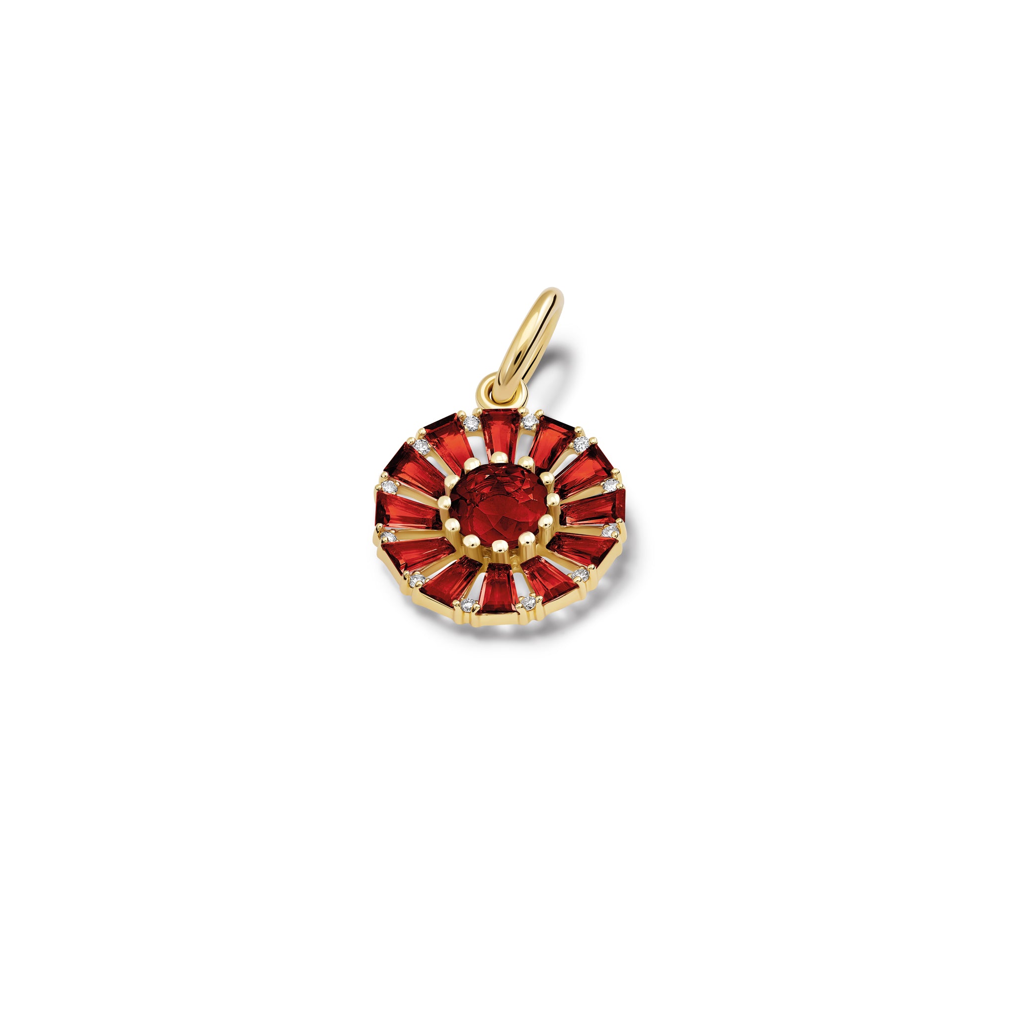 Handcrafted yellow gold necklace pendant featuring a circular arrangement of garnet and diamond, birthstone of January.