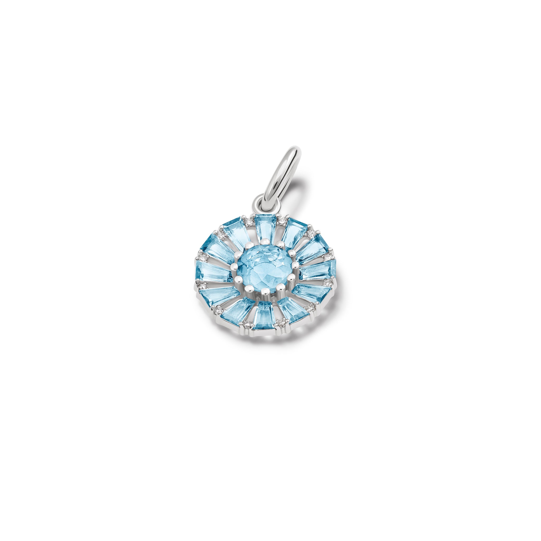 Handcrafted white gold necklace pendant featuring a circular arrangement of blue topaz and diamond, birthstone of November.