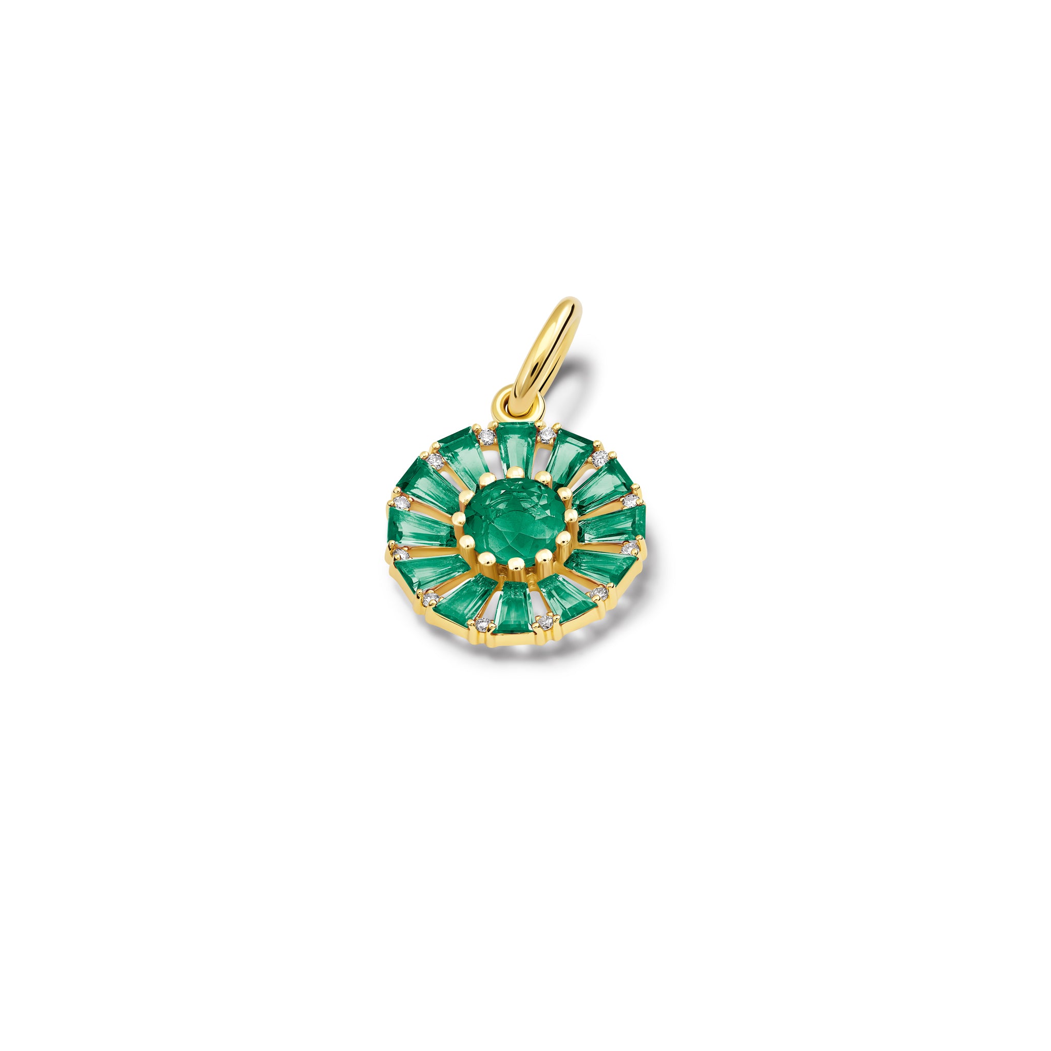 Handcrafted 18ct yellow gold necklace pendant featuring a circular arrangement of emerald and diamond, birthstone of May.