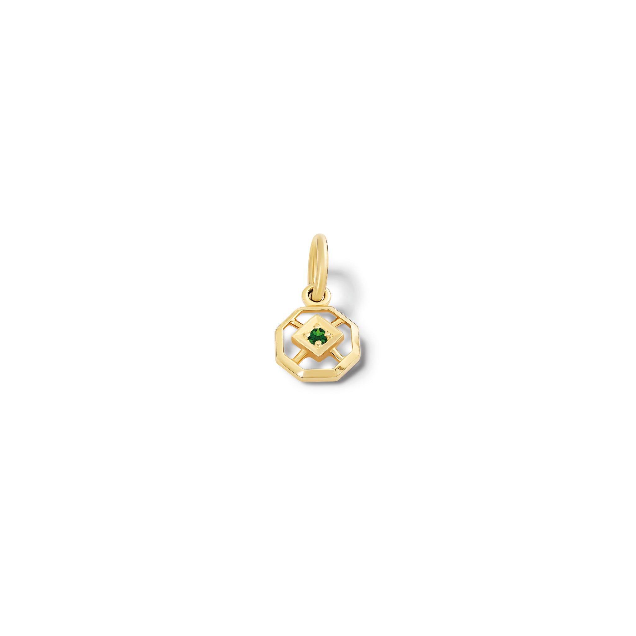 Handcrafted yellow gold necklace pendant featuring an octagonal design with a central emerald, birthstone of May.