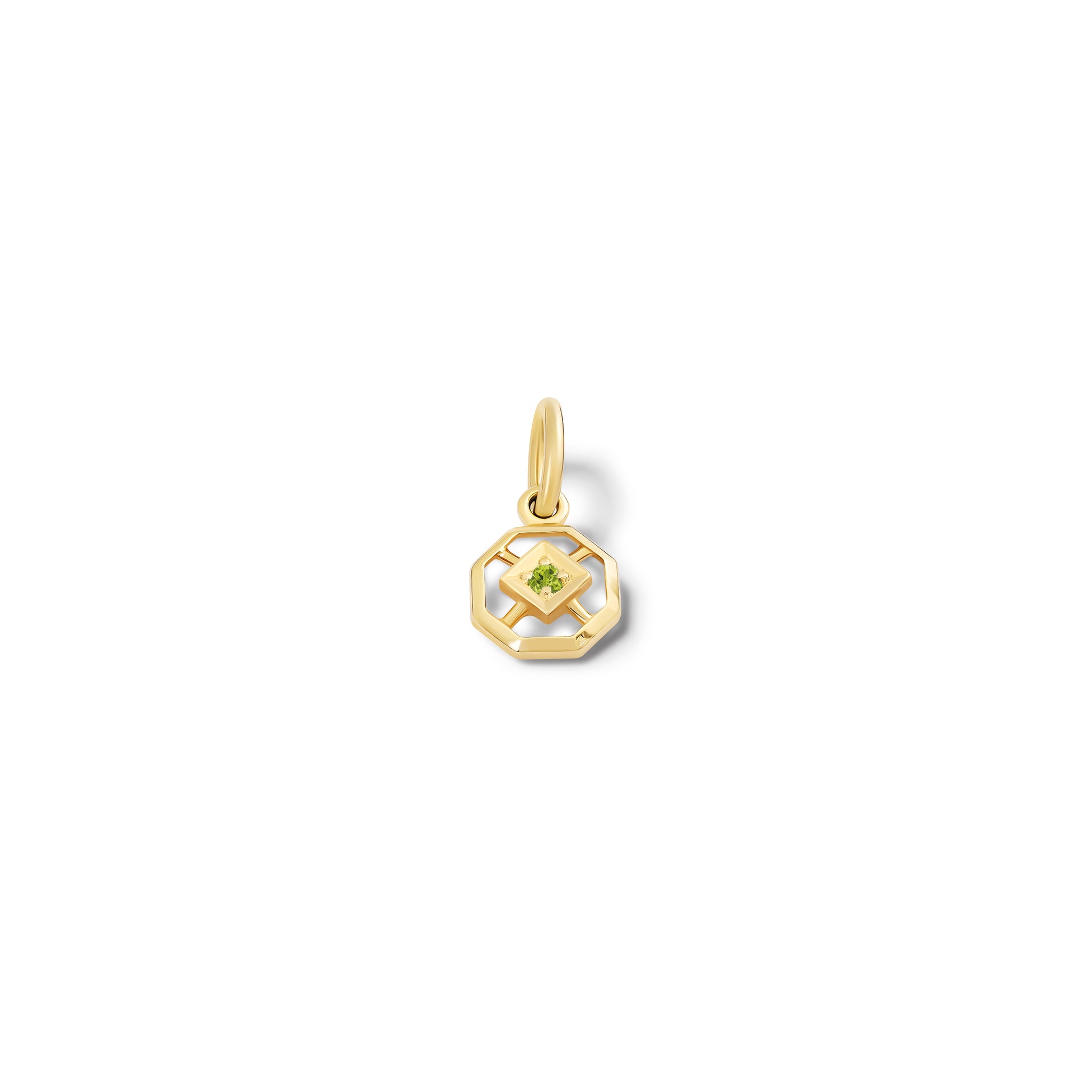 Handcrafted yellow gold necklace pendant featuring an octagonal design with a central peridot, birthstone of August.