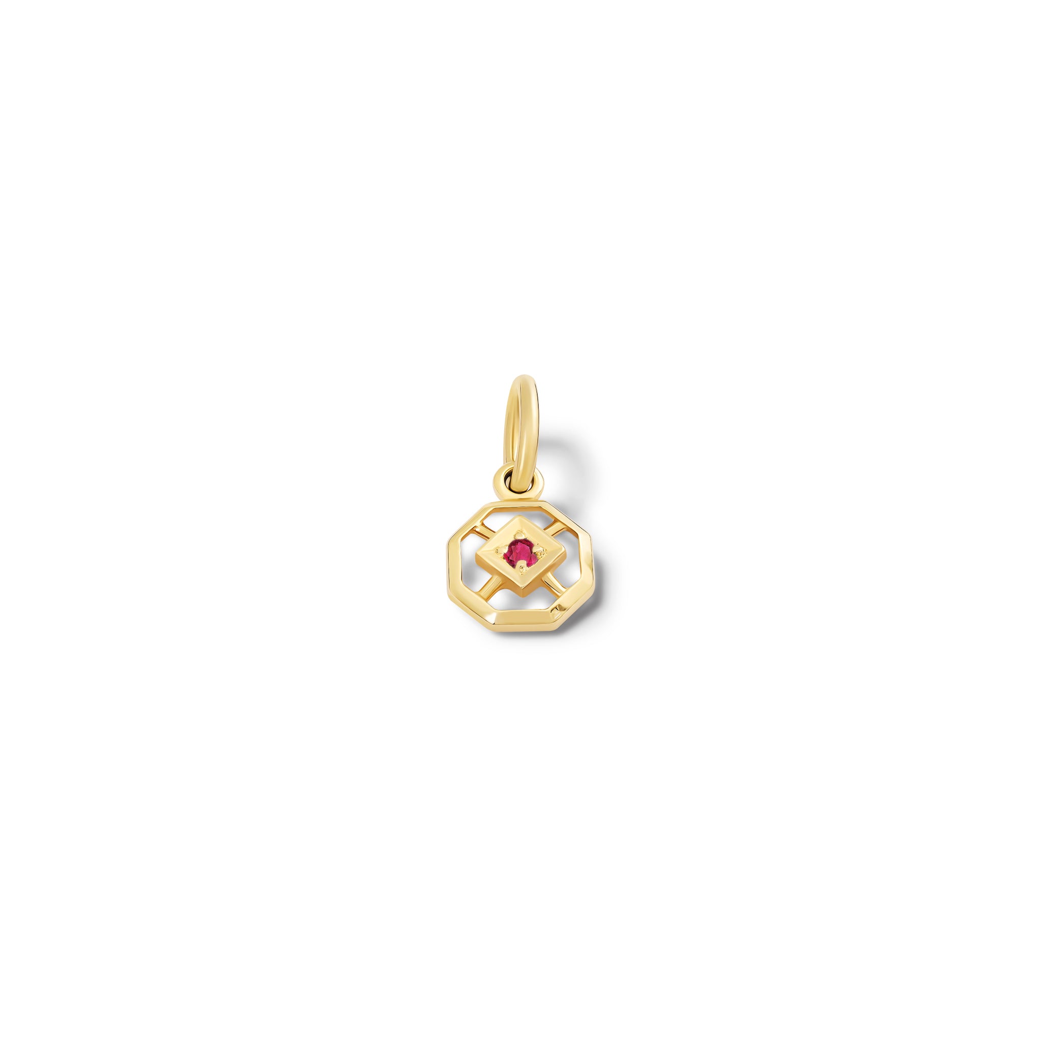 Handcrafted yellow gold necklace pendant featuring an octagonal design with a central Ruby, birthstone of July.