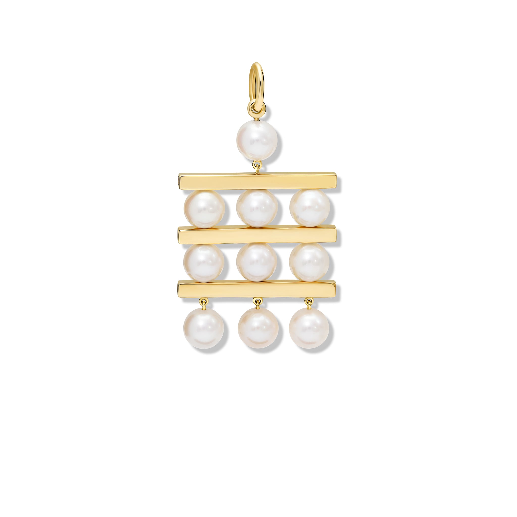 Handcrafted yellow gold necklace pendant with three tiers of pearls separated by delicate yellow gold lines.