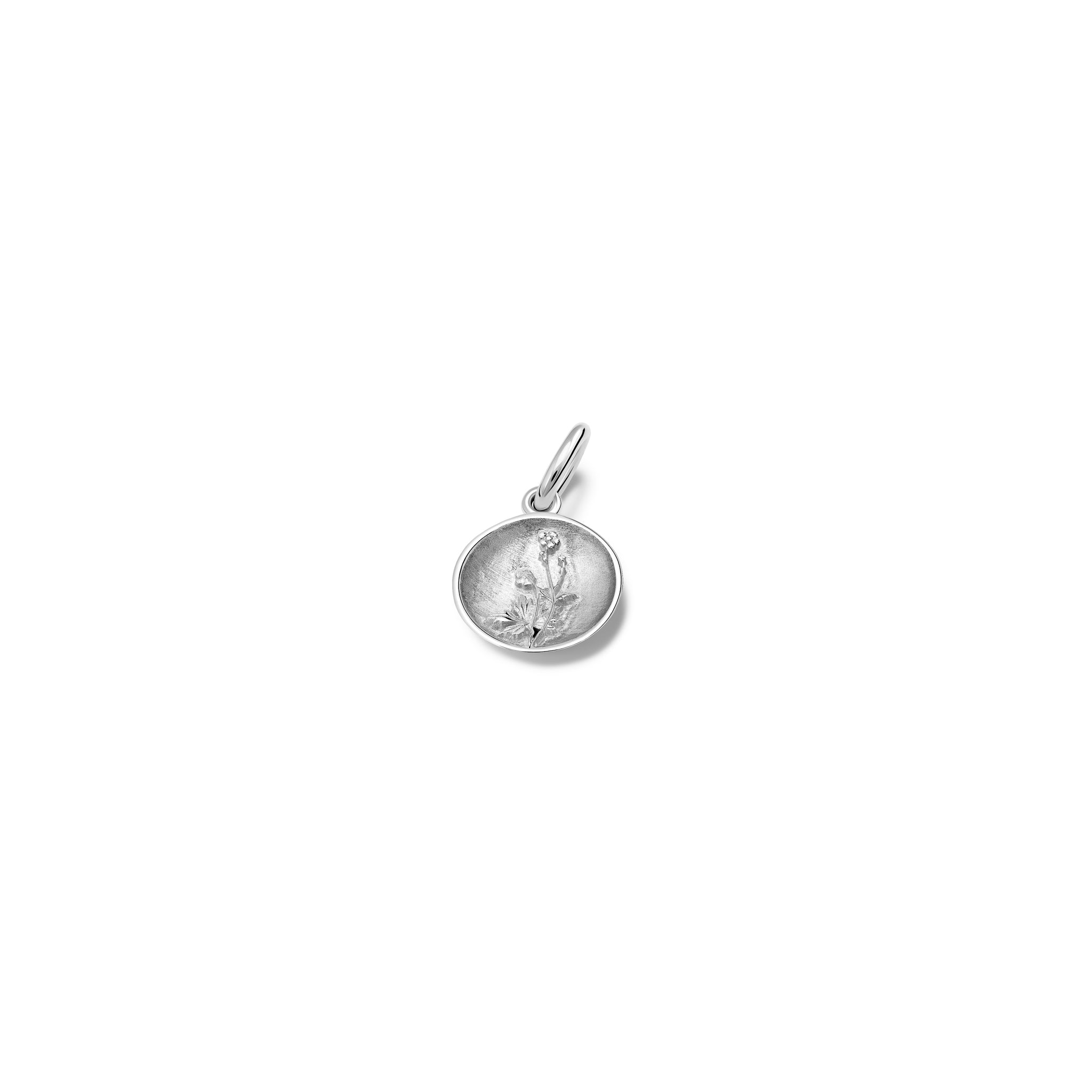 Handcrafted round sterling silver necklace pendant 'en relief' with a buttercup flower.