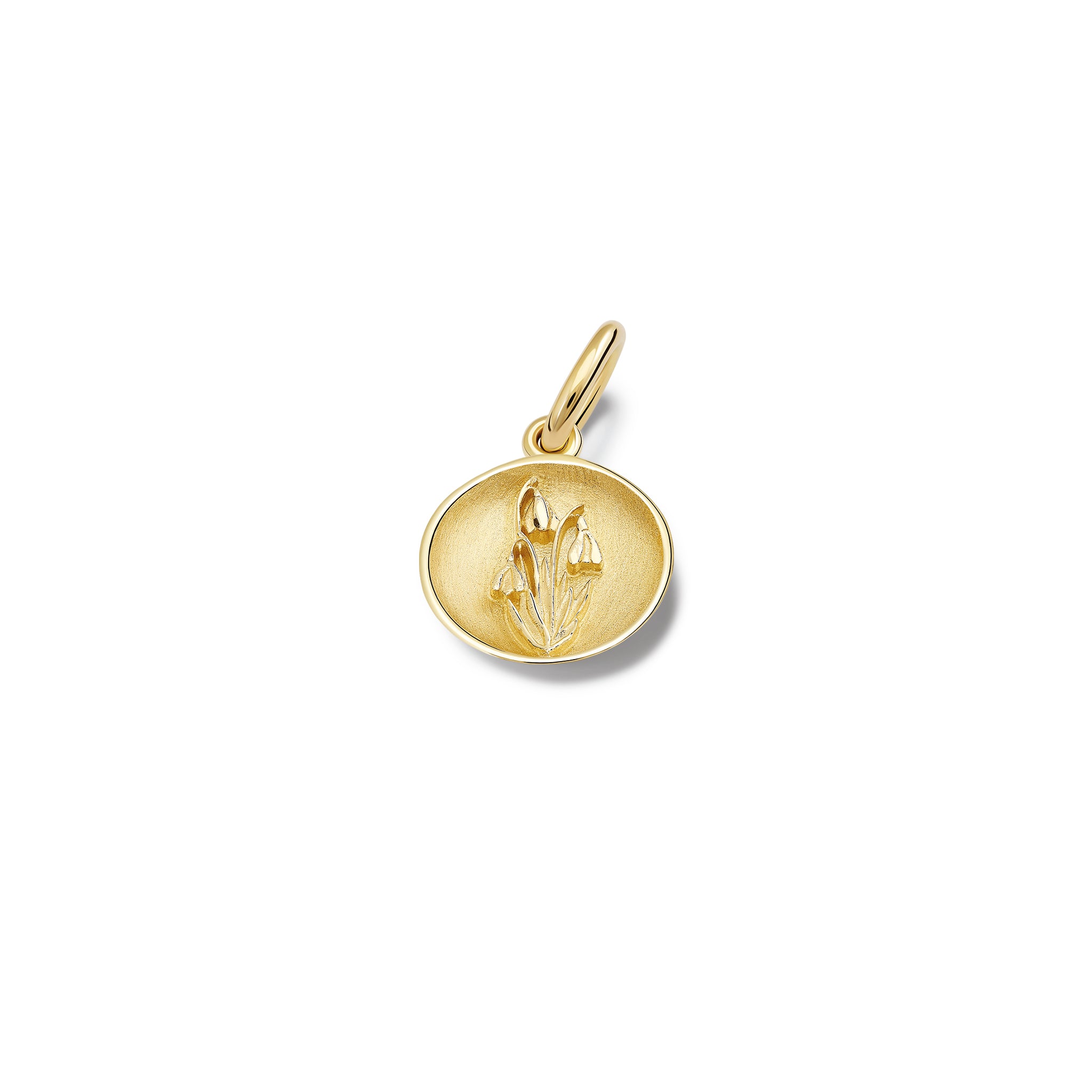 Handcrafted yellow gold necklace pendant 'en relief' with a snowdrop.
