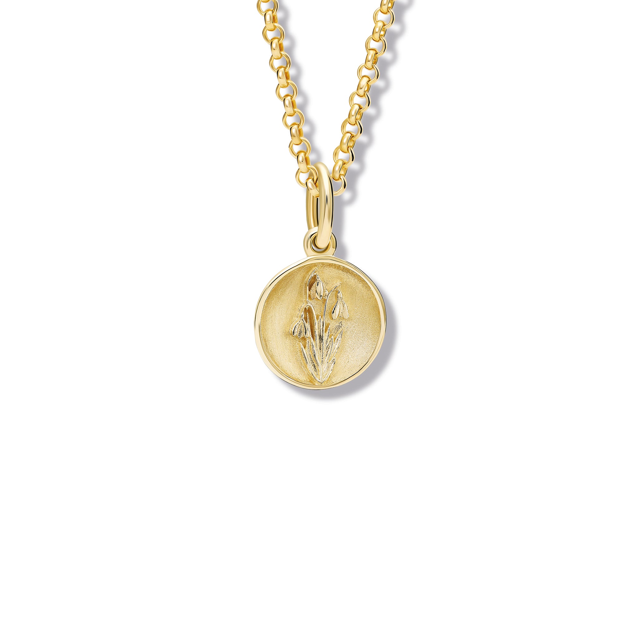 Handcrafted yellow gold necklace pendant 'en relief' with a snowdrop.
