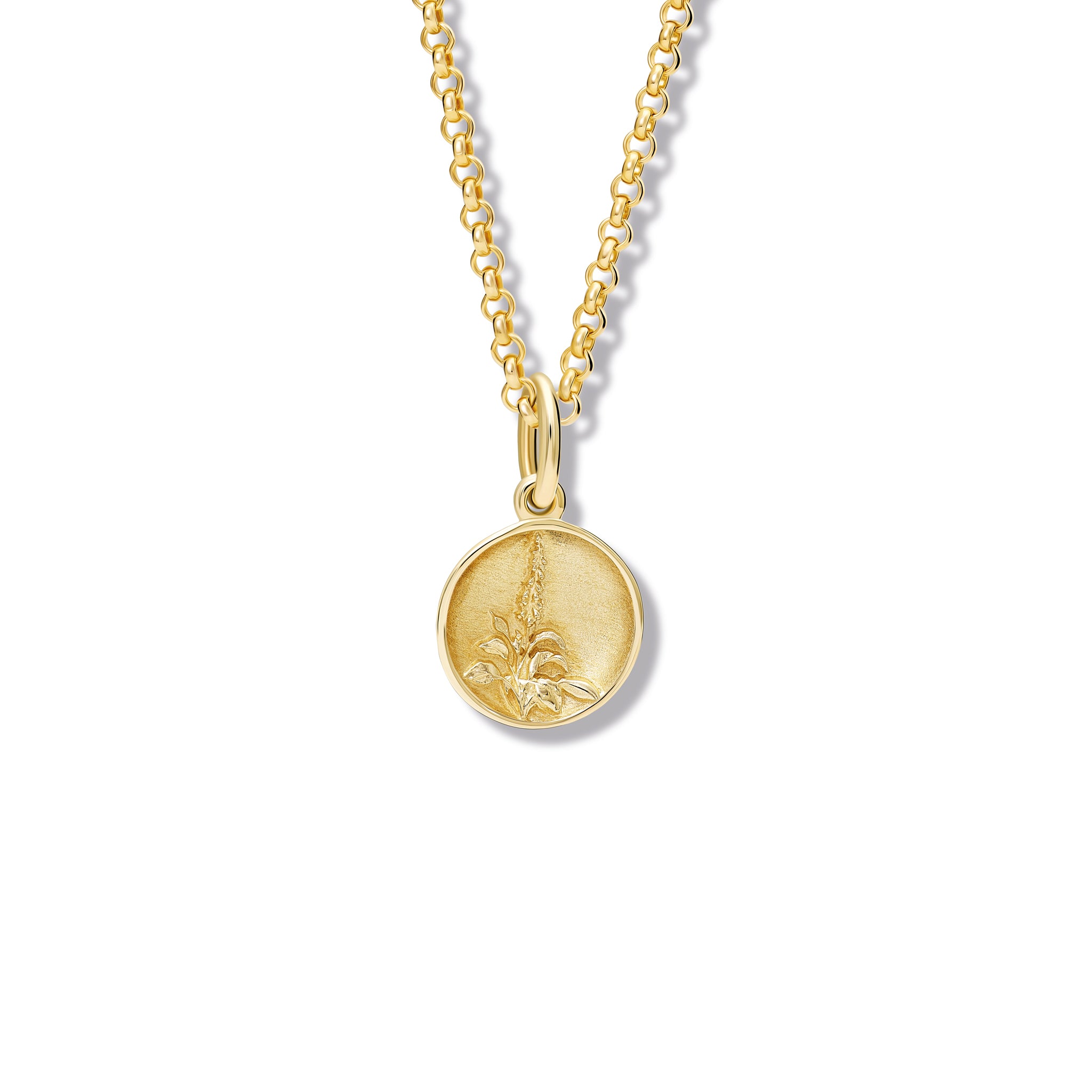 Handcrafted round yellow gold necklace pendant 'en relief' with a foxglove.