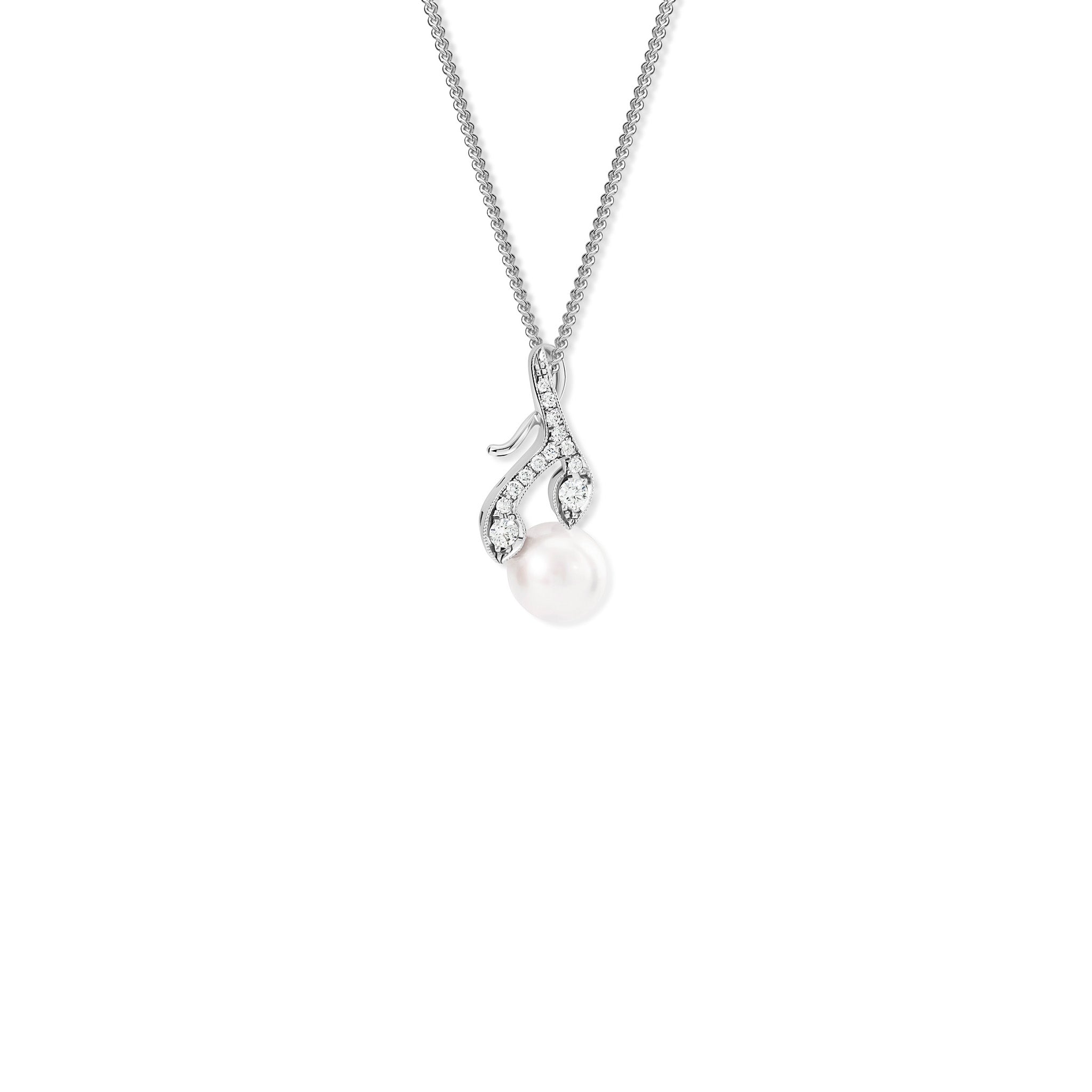 Handcrafted white gold necklace pendant in the shape of a rosemary sprig with a pearl at the bottom.