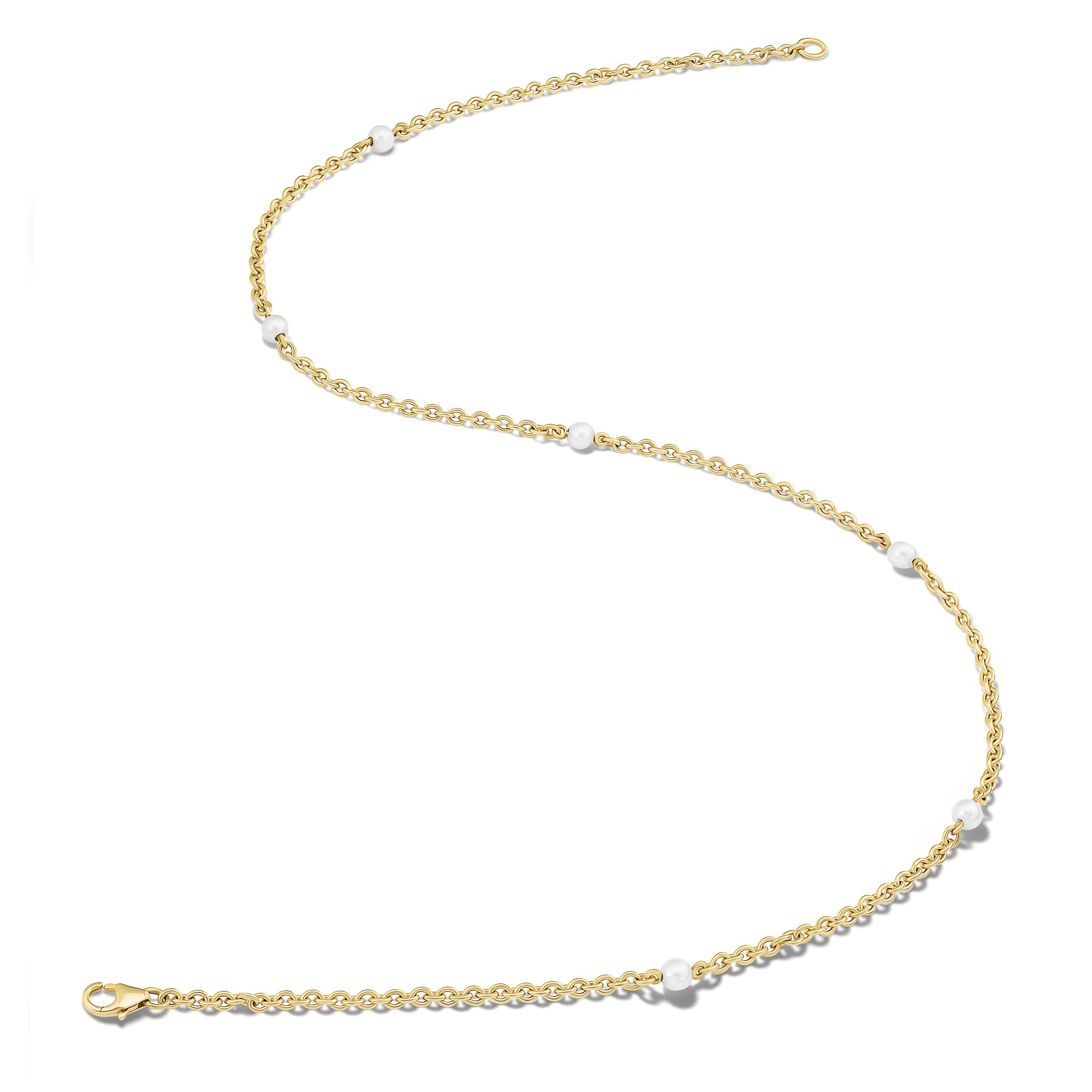 Handcrafted yellow gold necklace chain featuring small circular links with pearls.