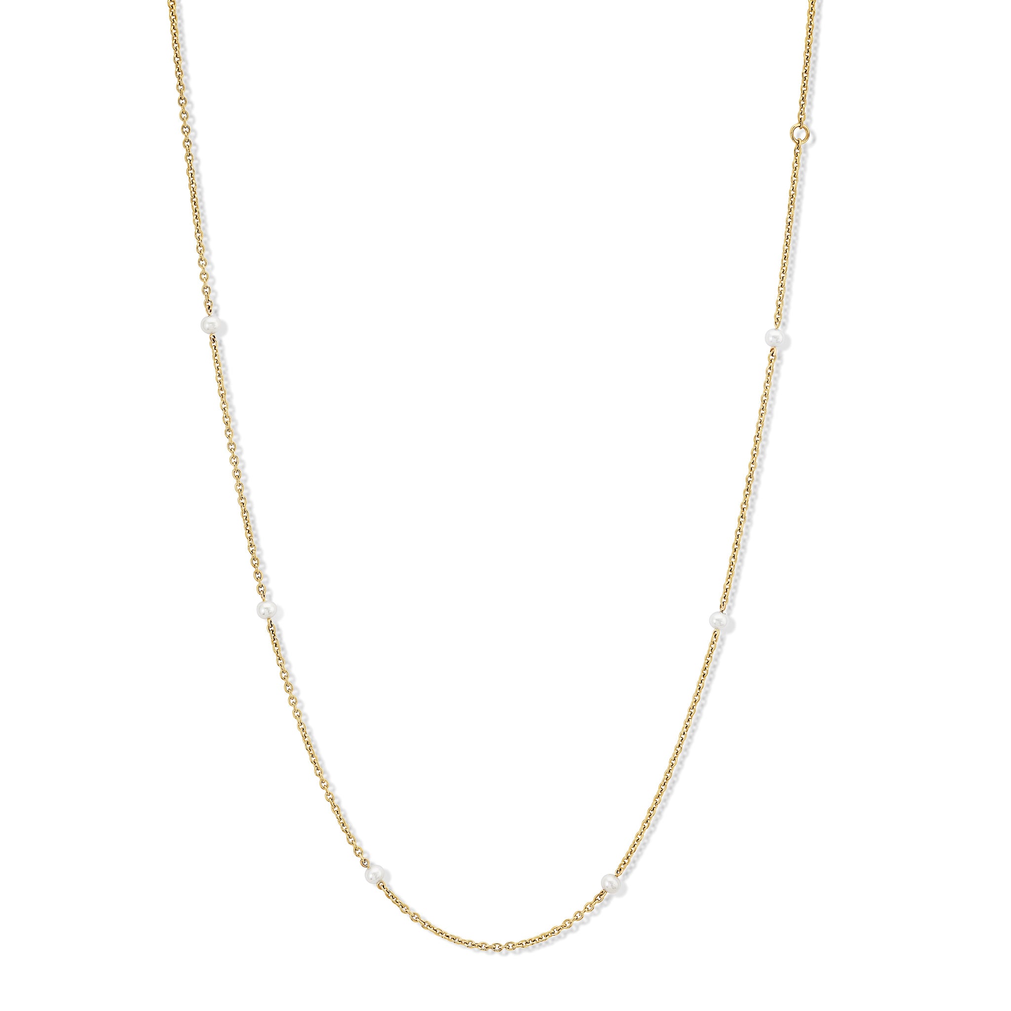 Handcrafted yellow gold necklace chain featuring small circular links with pearls.